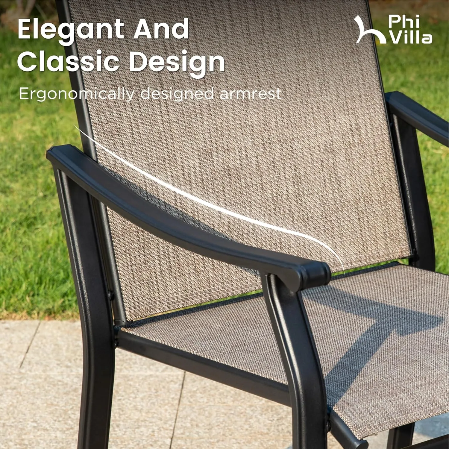 PHI VILLA Outdoor Dining Chairs Set of 8, Breathable Textilene Fabric and Metal Frame with Backrest and Armrest,Quick-Dry and Rustproof,Patio Chairs for Lawn,Garden