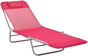 Pink/Silver Folding Beach Chair – 5-Position Adjustable Recliner, Breathable Mesh & Steel Frame – 264lbs Capacity, Portable Pool Lounge with Head Pillow