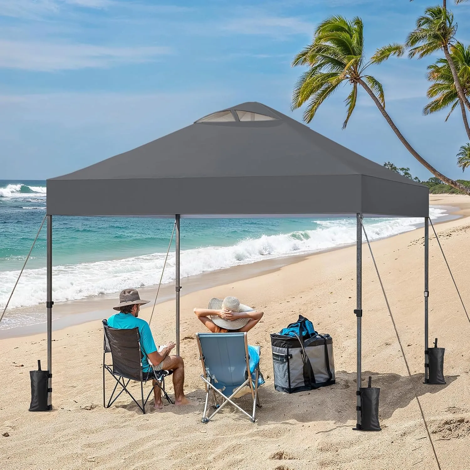 Pipishell 10x10 Pop Up Canopy Tent, Portable Outdoor Canopy, One-Person Setup, UV-Resistant & Waterproof Easy Up Canopy with Guylines, Stakes & Sandbags, Beach Canopy with 3 Height Levels, Dark Grey