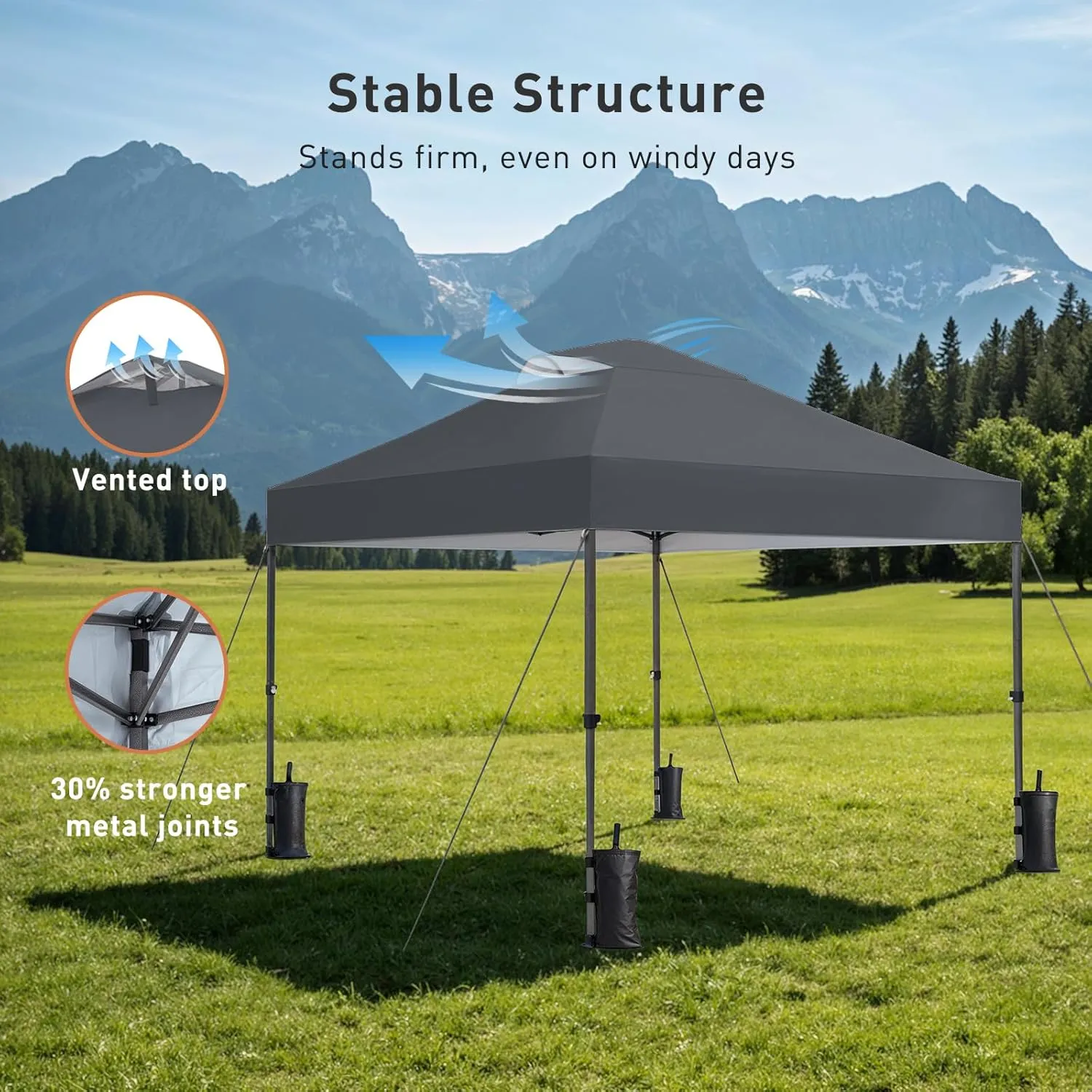 Pipishell 10x10 Pop Up Canopy Tent, Portable Outdoor Canopy, One-Person Setup, UV-Resistant & Waterproof Easy Up Canopy with Guylines, Stakes & Sandbags, Beach Canopy with 3 Height Levels, Dark Grey