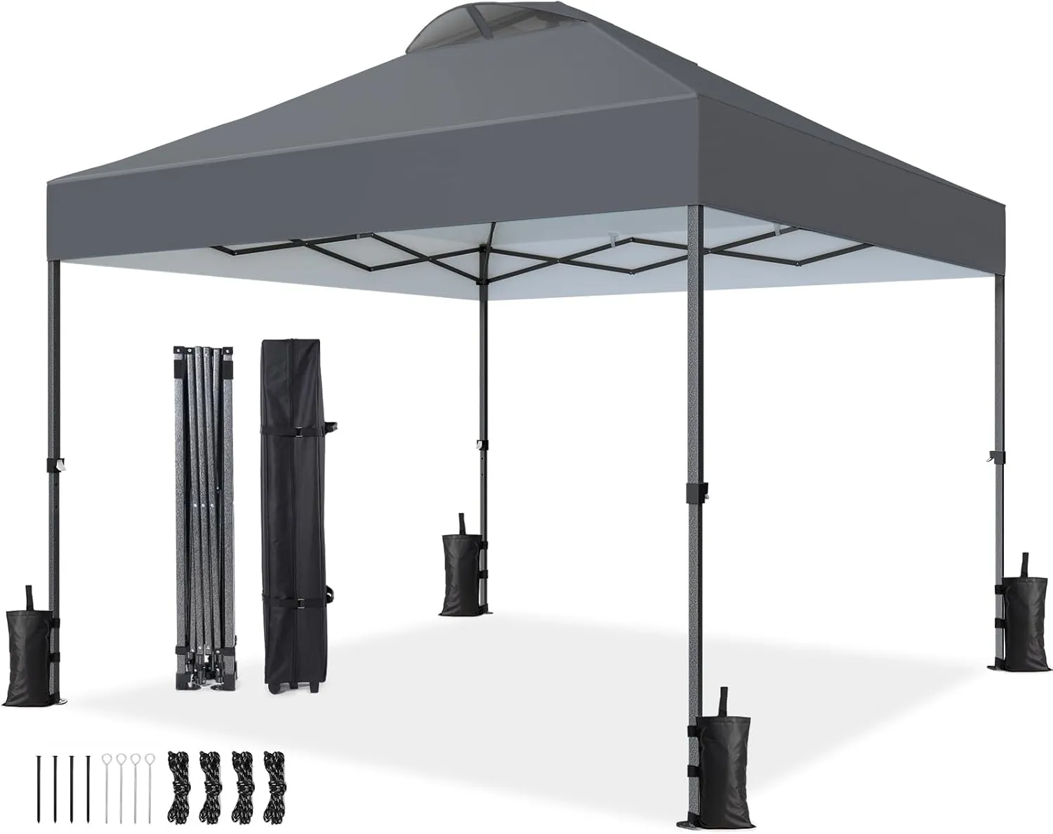 Pipishell 10x10 Pop Up Canopy Tent, Portable Outdoor Canopy, One-Person Setup, UV-Resistant & Waterproof Easy Up Canopy with Guylines, Stakes & Sandbags, Beach Canopy with 3 Height Levels, Dark Grey