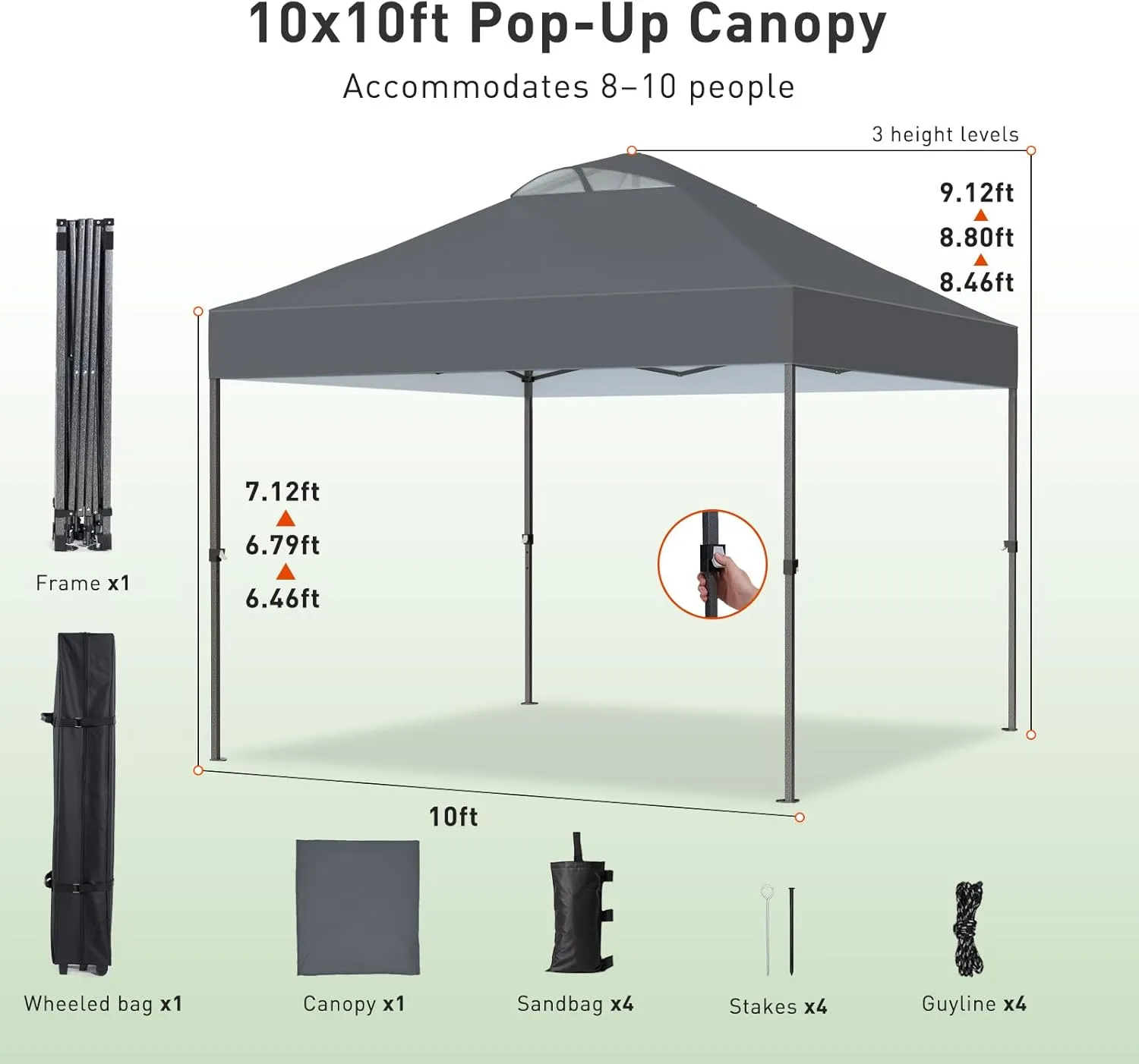 Pipishell 10x10 Pop Up Canopy Tent, Portable Outdoor Canopy, One-Person Setup, UV-Resistant & Waterproof Easy Up Canopy with Guylines, Stakes & Sandbags, Beach Canopy with 3 Height Levels, Dark Grey