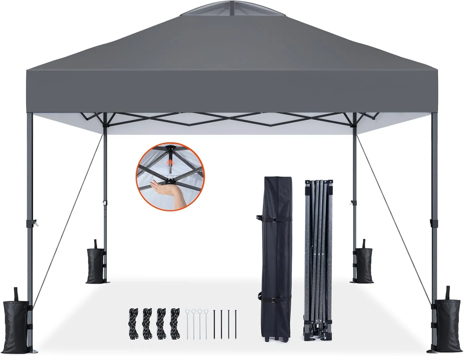 Pipishell 10x10 Pop Up Canopy Tent, Portable Outdoor Canopy, One-Person Setup, UV-Resistant & Waterproof Easy Up Canopy with Guylines, Stakes & Sandbags, Beach Canopy with 3 Height Levels, Dark Grey