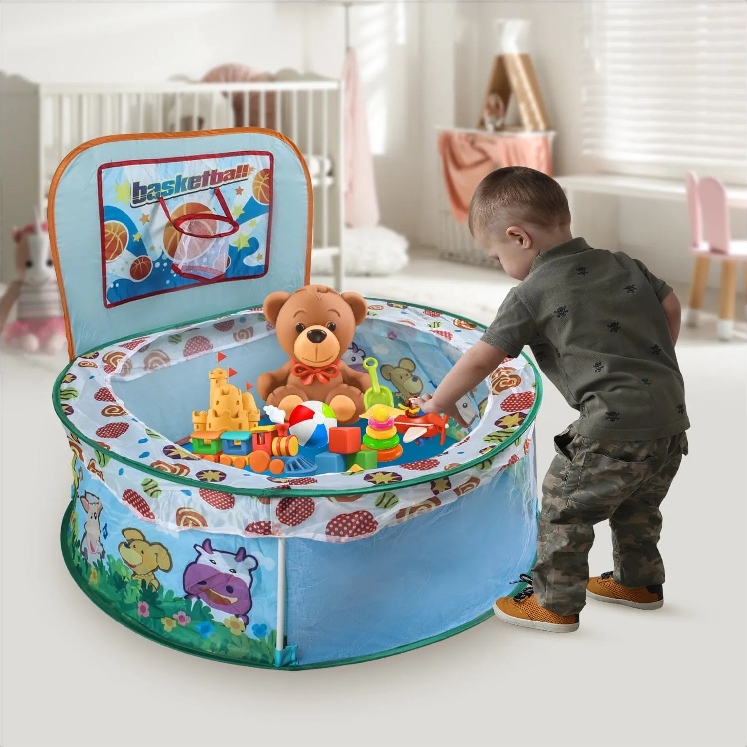 Playtime Foldable Ball Pit Basketball  Animal Theme - Blue
