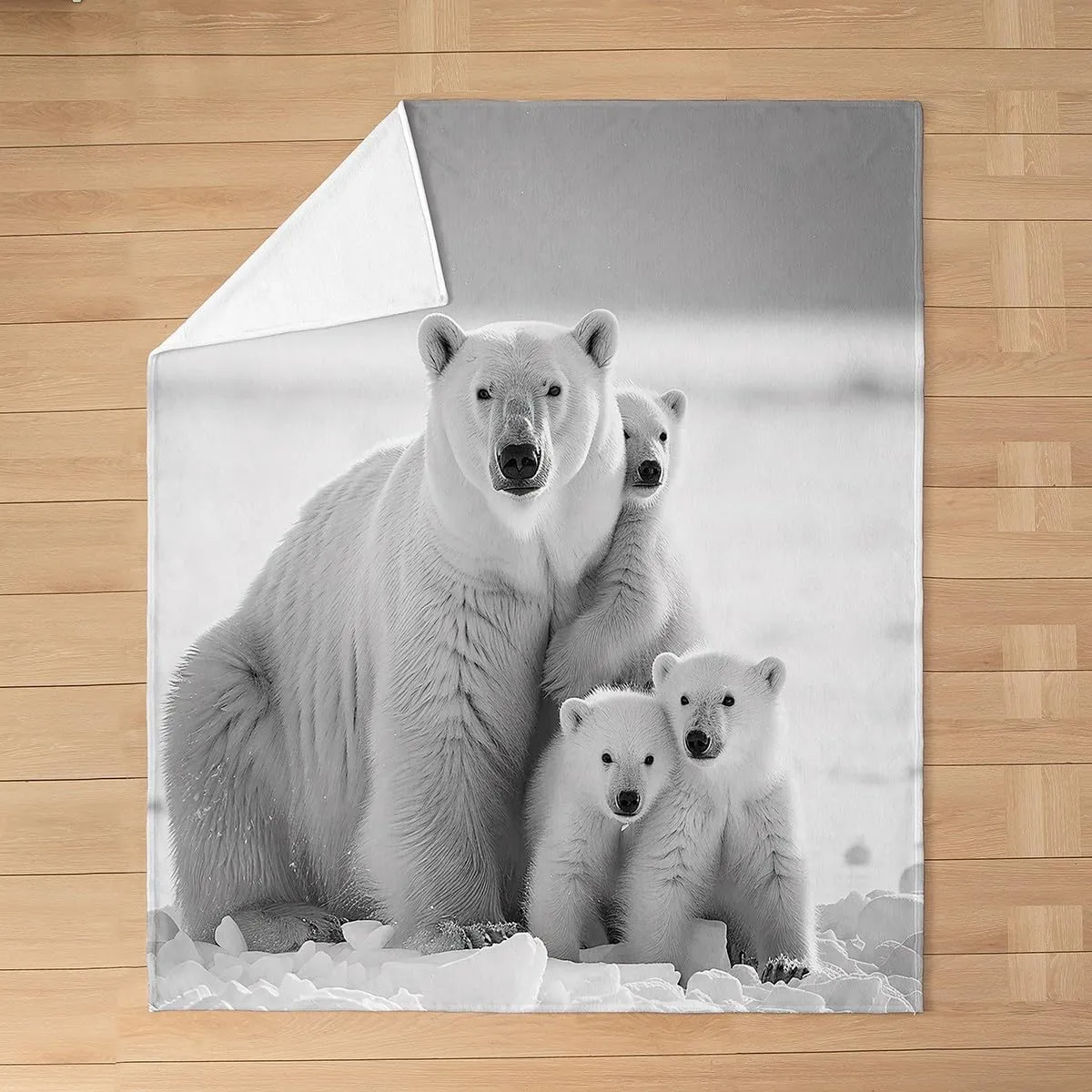 Polar Bear Family Fleece Throw Blanket Soft Cozy White and Gray Flannel Blanket for Kids Women Adults Polar Bear Plush Blanket Arctic Scenery Fuzzy Blanket for Sofa Bed Couch(60x80 Inches)