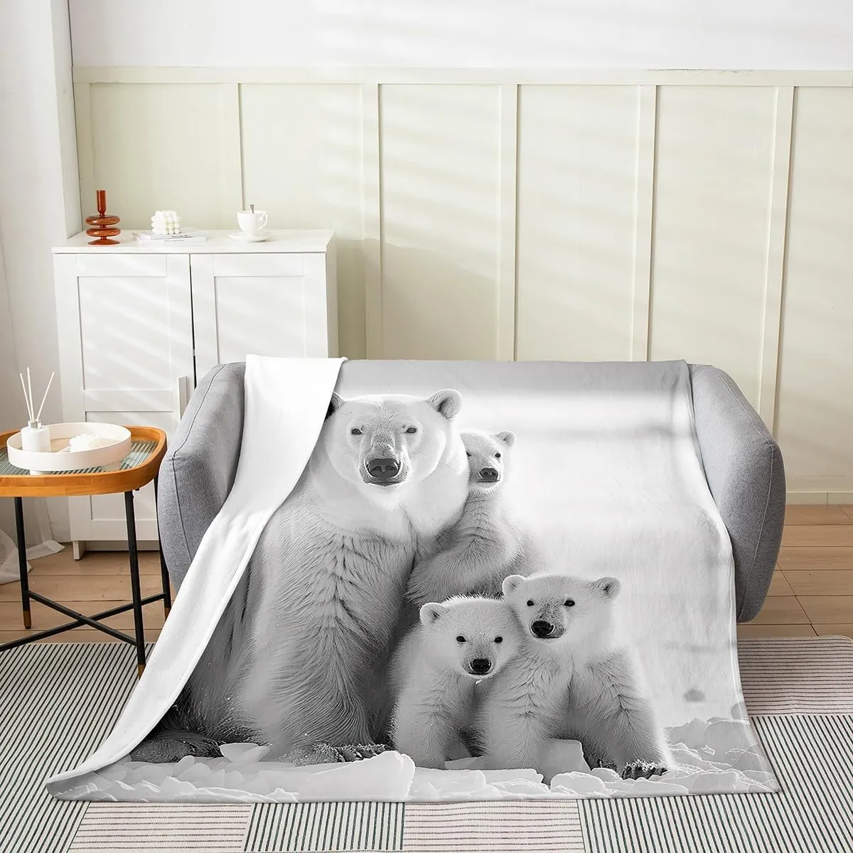 Polar Bear Family Fleece Throw Blanket Soft Cozy White and Gray Flannel Blanket for Kids Women Adults Polar Bear Plush Blanket Arctic Scenery Fuzzy Blanket for Sofa Bed Couch(60x80 Inches)