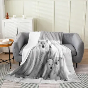 Polar Bear Family Fleece Throw Blanket Soft Cozy White and Gray Flannel Blanket for Kids Women Adults Polar Bear Plush Blanket Arctic Scenery Fuzzy Blanket for Sofa Bed Couch(60x80 Inches)