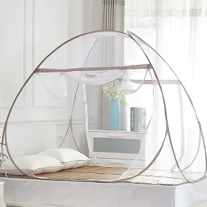 Pop Up Bed Net Tent for Bedroom with Net Bottom, Portable Double Door Travel Folding Design Bed Canopy, Foldable (Khaki-79 x71x59 inch)
