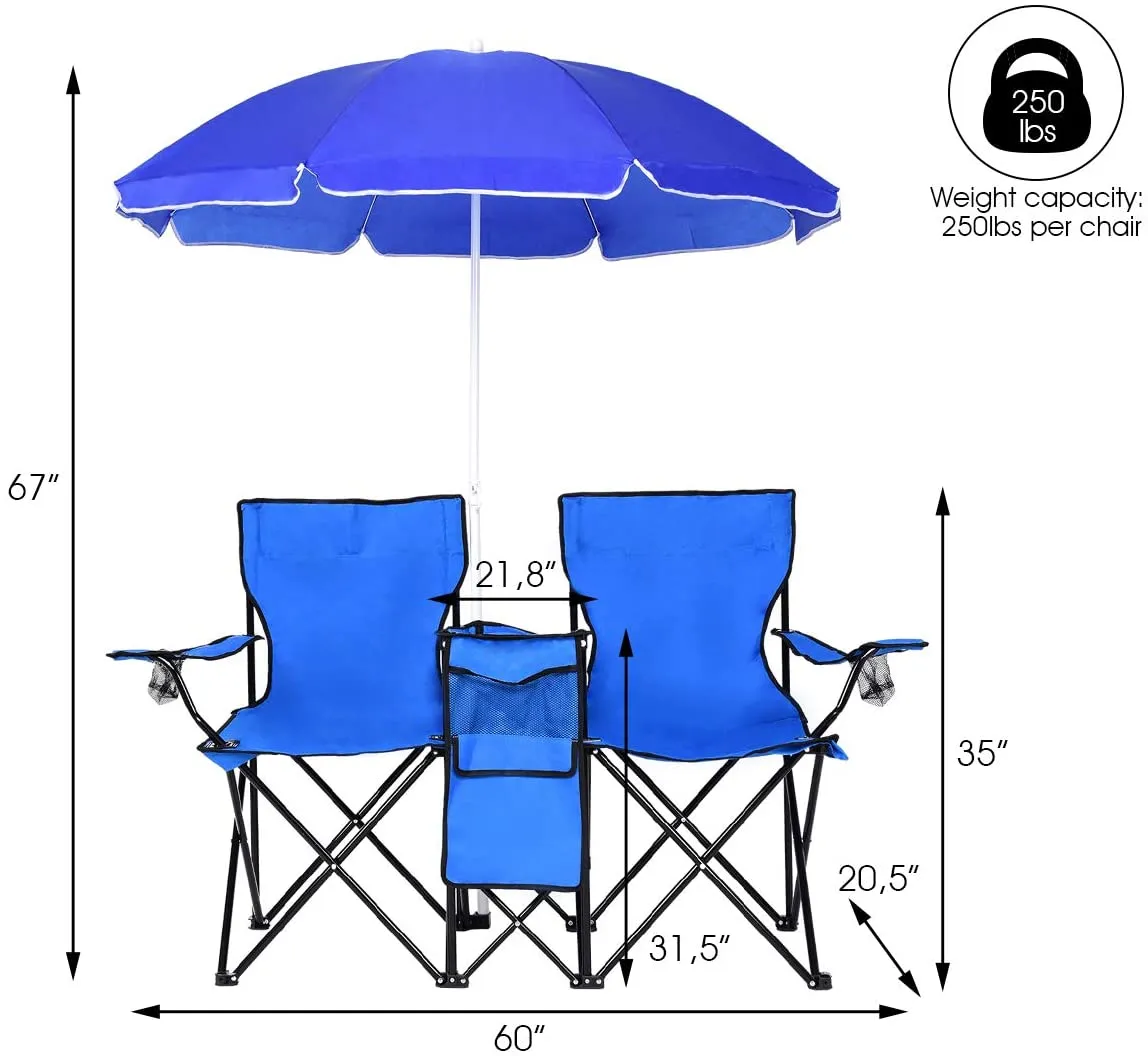 Portable Blue Steel Folding Camping Chair with Umbrella and Carry Bag