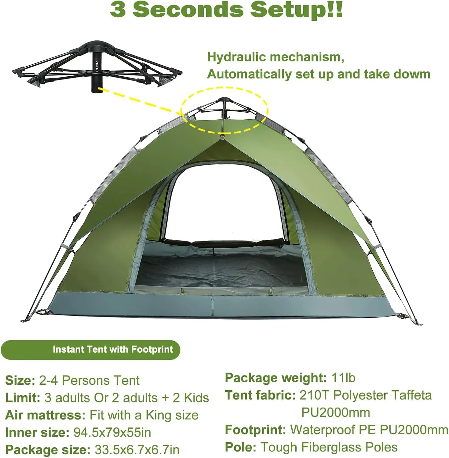 Portable Generic Pop Up Tent,3-4 Persons Camping Tent Waterproof Instant Automatic Easy Set Up Dome Tent for Holiday Hiking (Green)