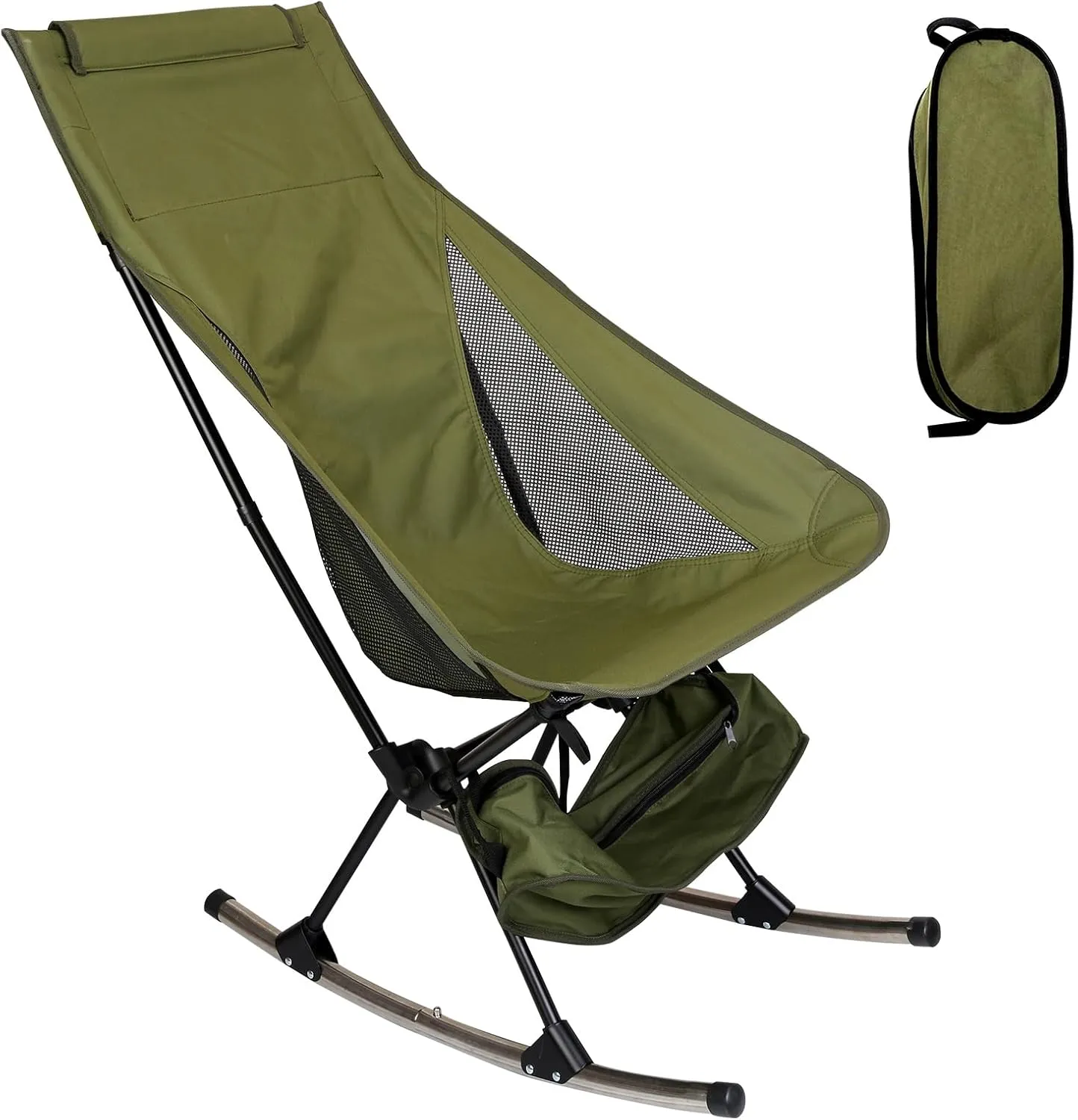 Portable Rocking Camp Chair - Heavy Duty 198LBS Capacity Folding Chair w/Detachable Rockers & Carry Bag for Camping, Beach, Fishing (Green)