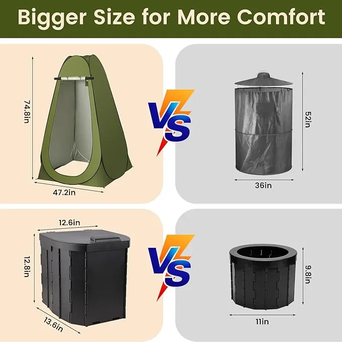 Portable Toilet and Privacy Tent for Adults, Pop Up Privacy Tent Outdoor X Large Camping Folding Toilet,1 Roll Toilet Bags, 10 Pack Liquid Waste Gel,Pop-up Tent for Toilet, Travel, Changing