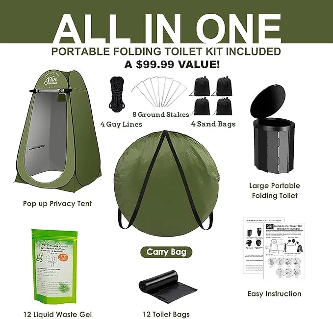 Portable Toilet Kit For Adults, Pop Up Privacy Tent, X Large Camping Folding Toilet, 12 Toilet bags, 12 pack Liquid Waste Gel, Washable Foldable For Travel,RV,Outdoor