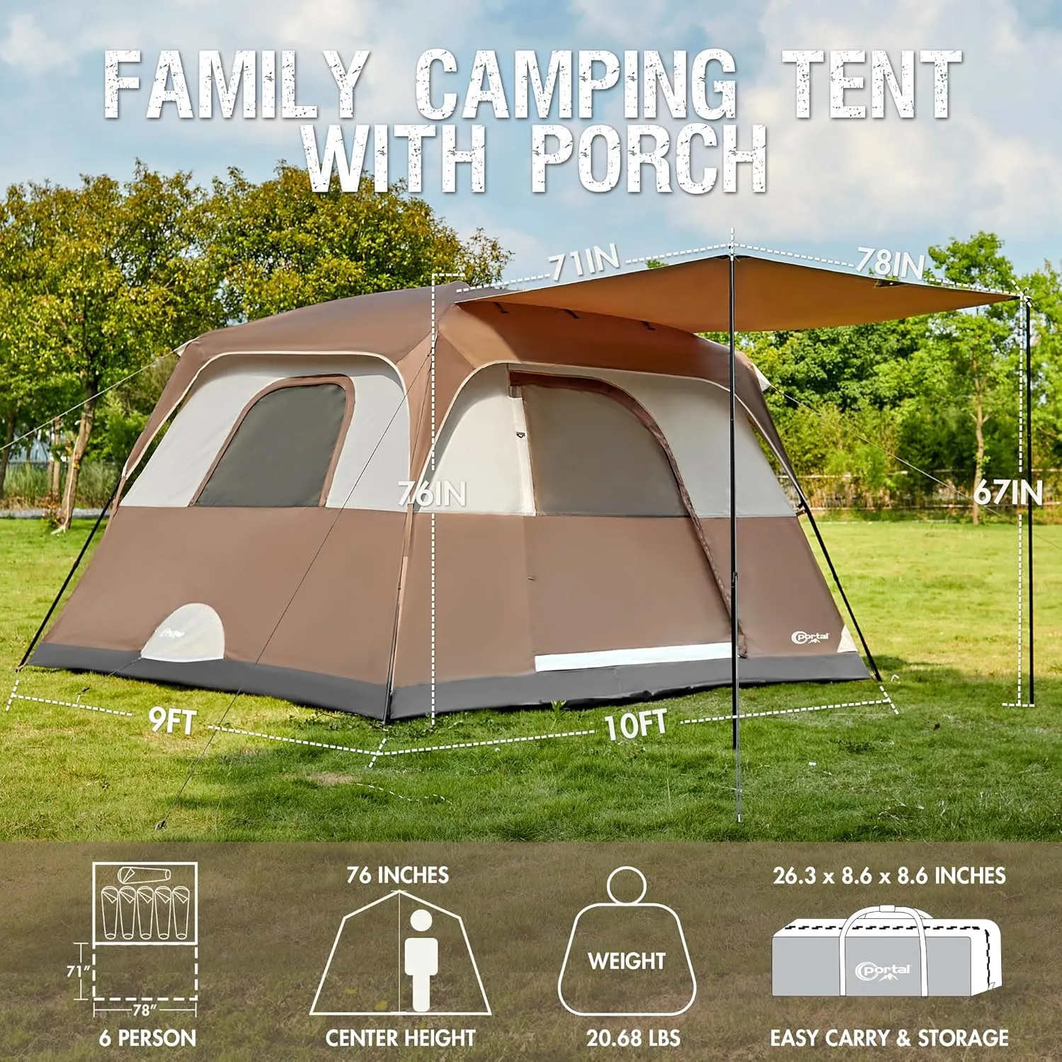 PORTAL 6 | 8 | 10 Person Family Camping Tent with Porch, Big Family Camping Tent with Tall Height, Good Ventilation, Water Resitant Large Tent for Outdoor Camping, Backyard
