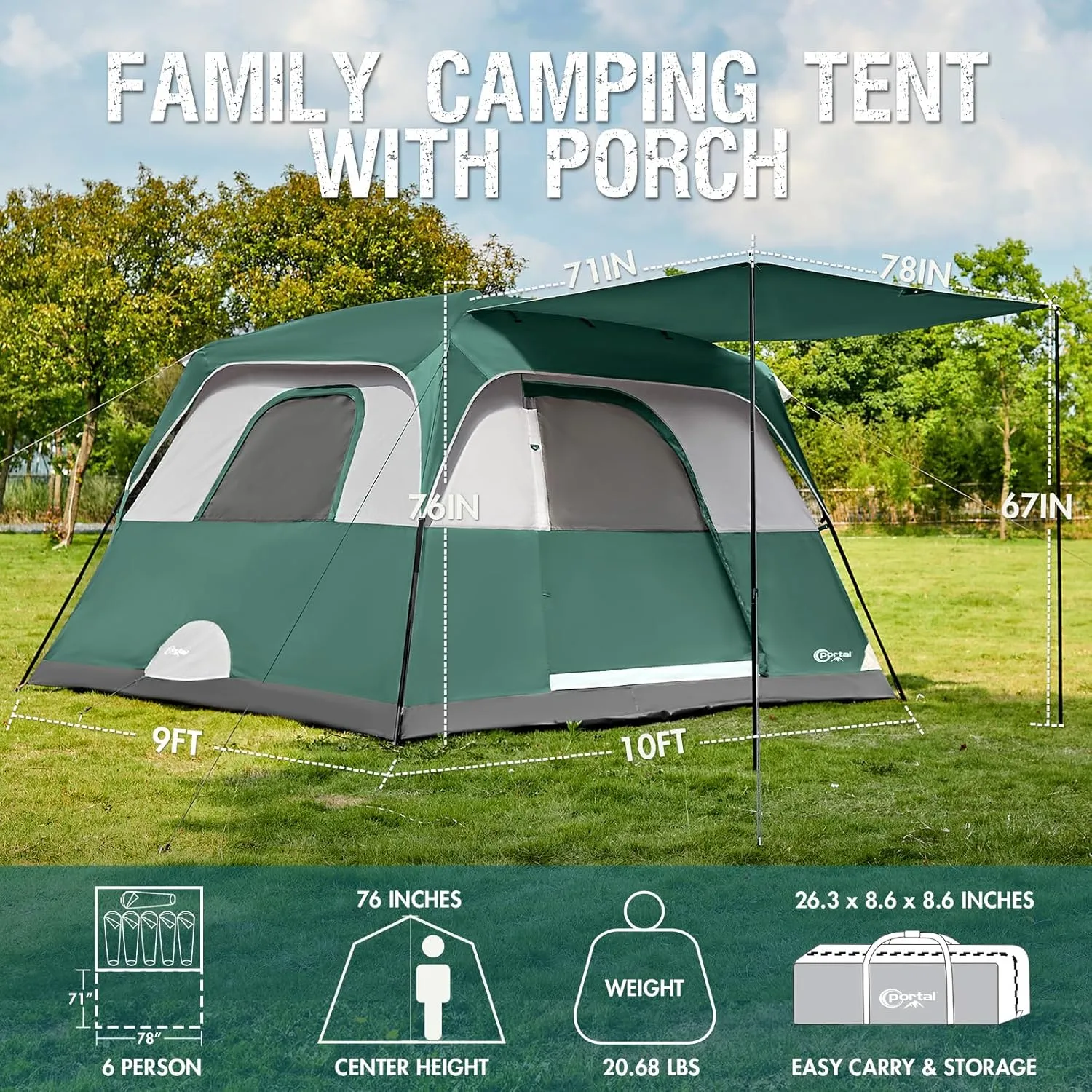 PORTAL 6 | 8 | 10 Person Family Camping Tent with Porch, Big Family Camping Tent with Tall Height, Good Ventilation, Water Resitant Large Tent for Outdoor Camping, Backyard