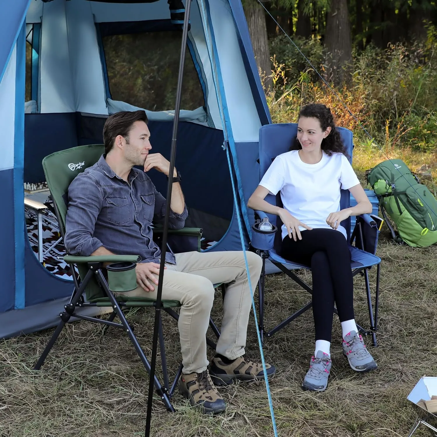 PORTAL Oversized Folding High Back Portable Lawn Chairs for Adults Outdoor Camp Sports Hunting Fishing Backyard with Hard Armrest Cup Holder Carrying Strap, Supports 400LBS, Blue