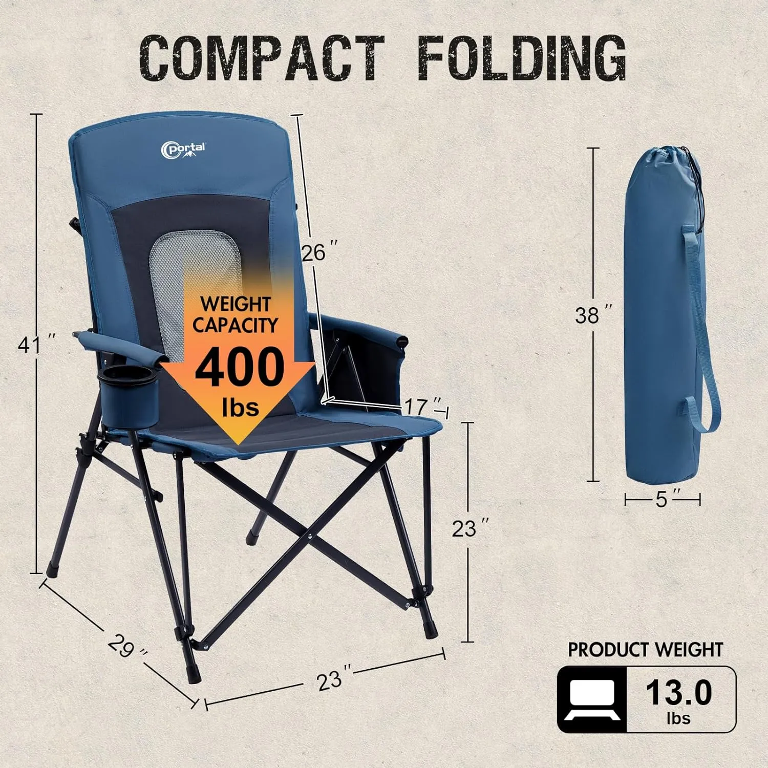 PORTAL Oversized Folding High Back Portable Lawn Chairs for Adults Outdoor Camp Sports Hunting Fishing Backyard with Hard Armrest Cup Holder Carrying Strap, Supports 400LBS, Blue