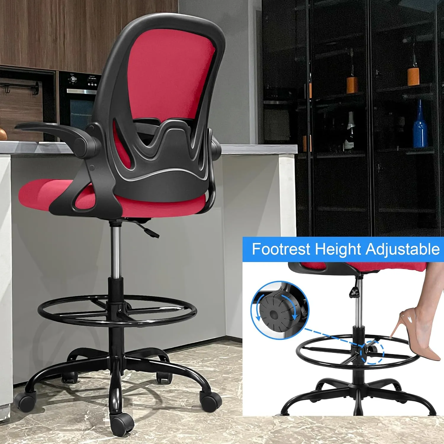Primy Drafting Chair Tall Office Chair with Flip-up Armrests Executive Ergonomic Computer Standing Desk Chair with Lumbar Support and Adjustable Footrest Ring (Fire Brick)