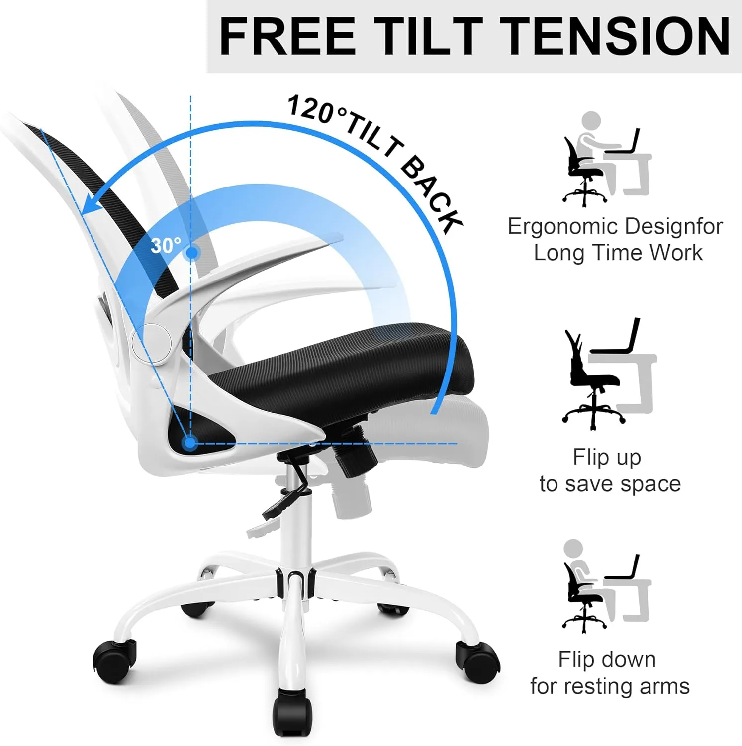 Primy Office Chair Ergonomic Desk Chair with Adjustable Lumbar Support and Height, Swivel Breathable Desk Mesh Computer Chair with Flip up Armrests for Conference Room(White)