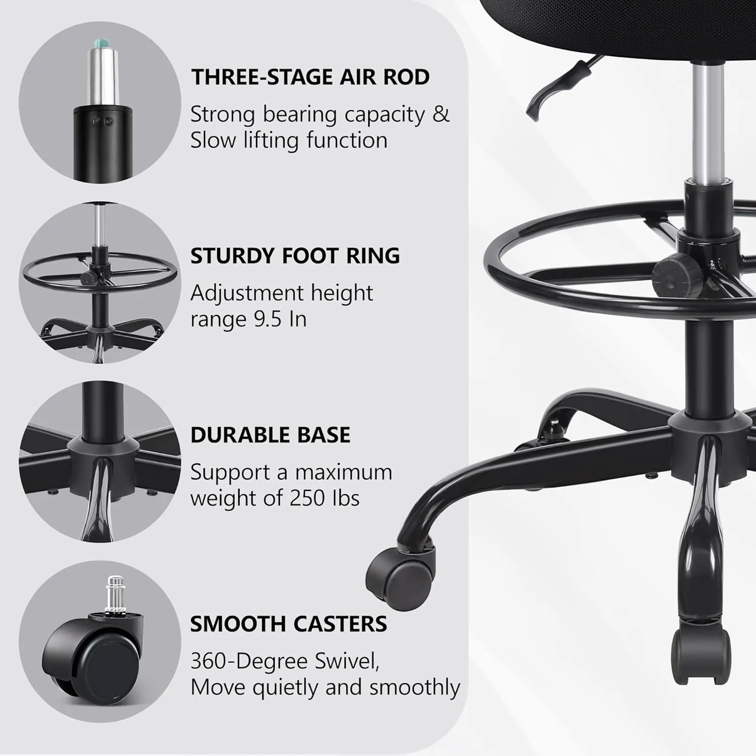 Primy Tall Drafting Desk Chair - Armless, Adjustable Height, Mesh Back, Rolling, Standing Desk Chair for Art Room, Office or Home (Black)
