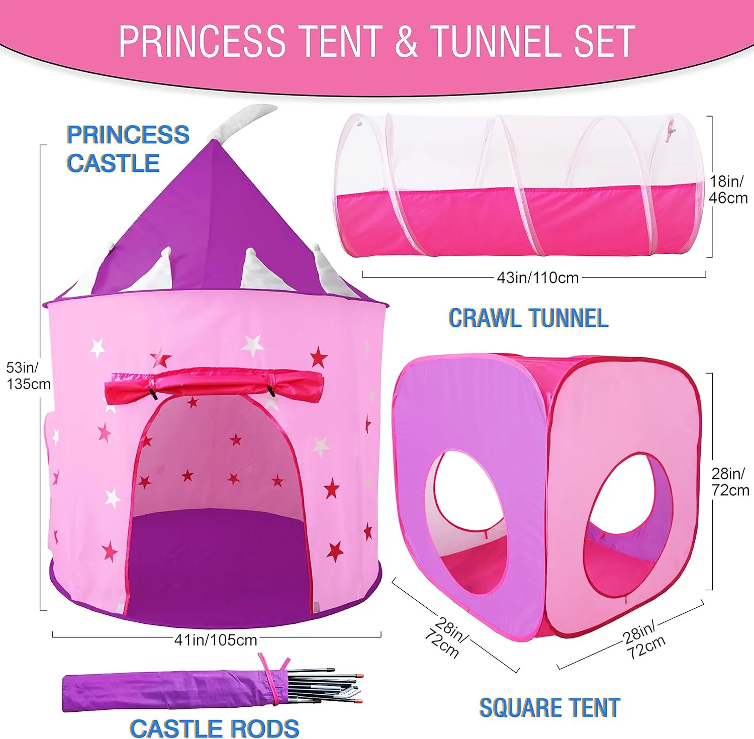 Princess Play Tent Set with Dress Up Tunnel, Castle Playhouse - Glow in The Dark Stars, Birthday Gift for Girls Age 3-7