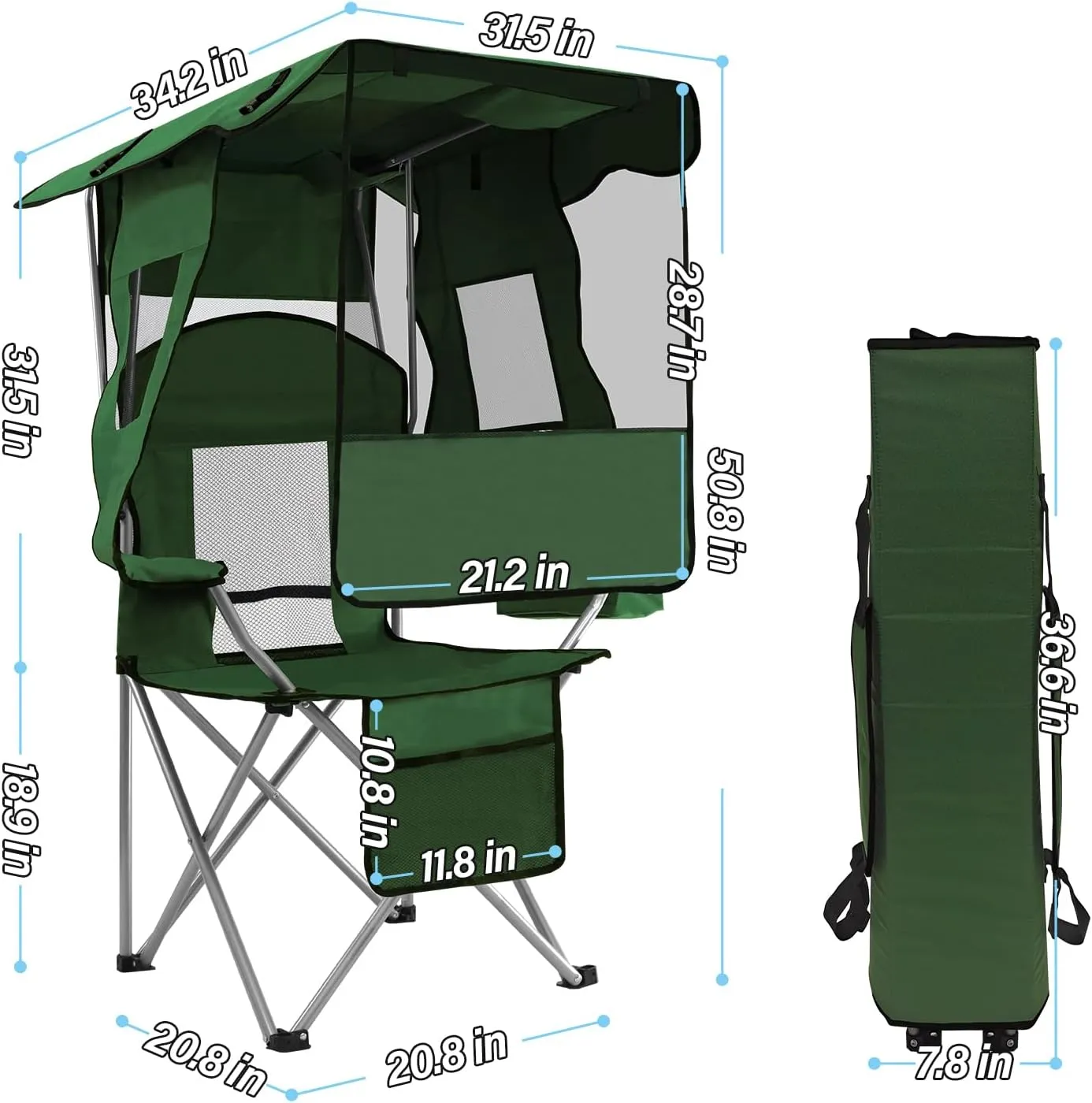 ptlsy Camping Chair with Adjustable Shade Canopy, Portable Folding Chair for Adults, Heavy Duty Outdoor Sports, Beach, Camping, Fishing - Phone & Cup Holder, Cooler Bag, Supports 330LBS