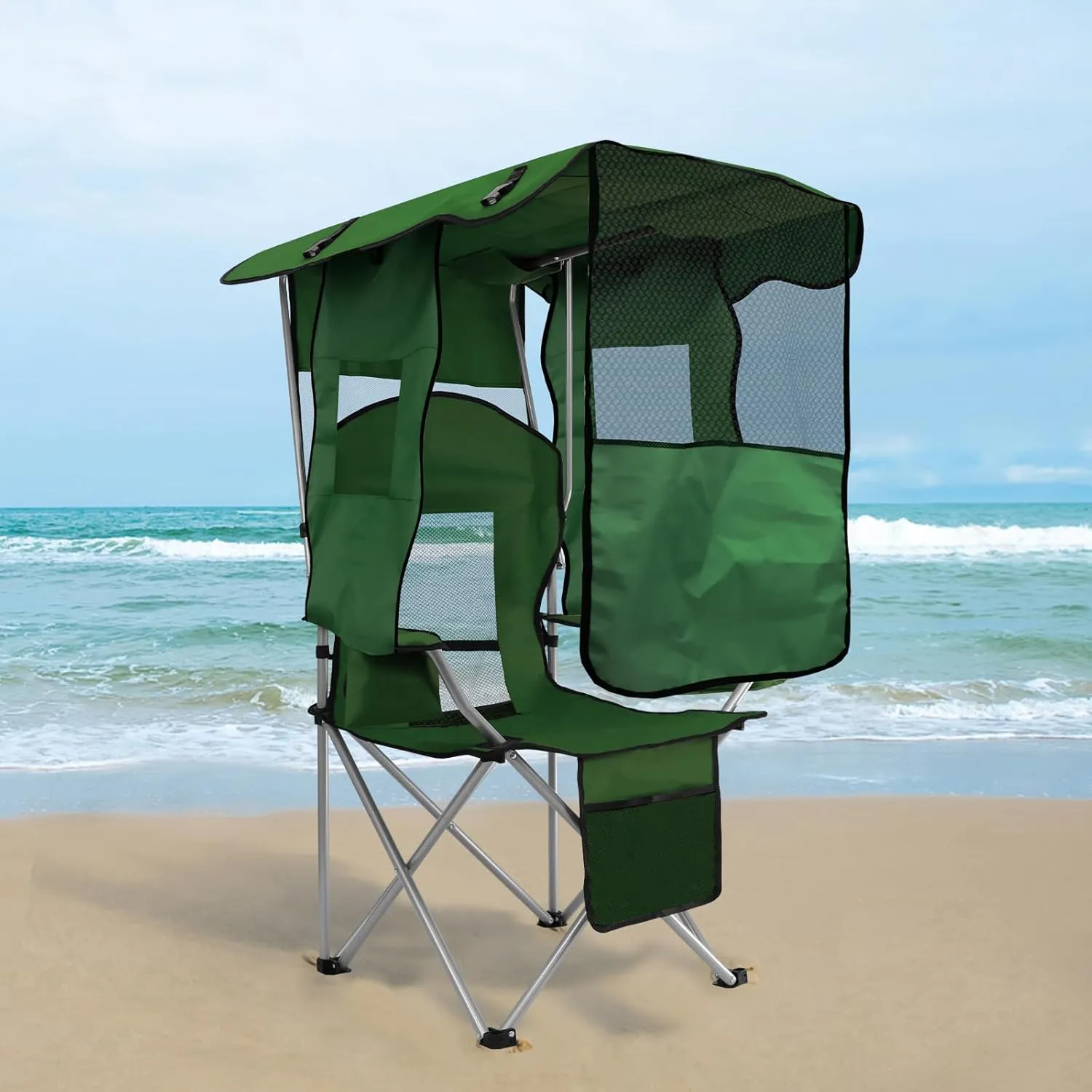 ptlsy Camping Chair with Adjustable Shade Canopy, Portable Folding Chair for Adults, Heavy Duty Outdoor Sports, Beach, Camping, Fishing - Phone & Cup Holder, Cooler Bag, Supports 330LBS