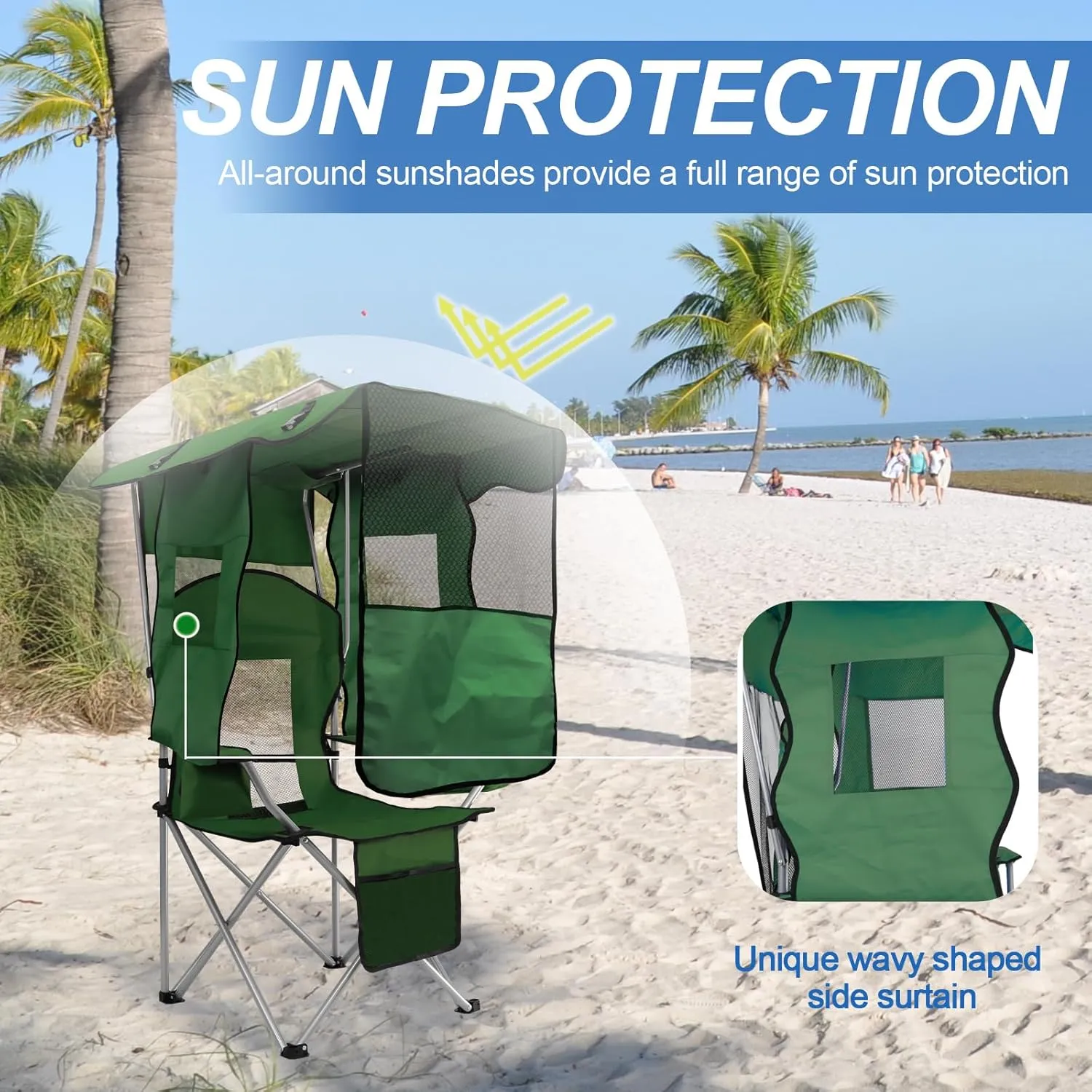 ptlsy Camping Chair with Adjustable Shade Canopy, Portable Folding Chair for Adults, Heavy Duty Outdoor Sports, Beach, Camping, Fishing - Phone & Cup Holder, Cooler Bag, Supports 330LBS