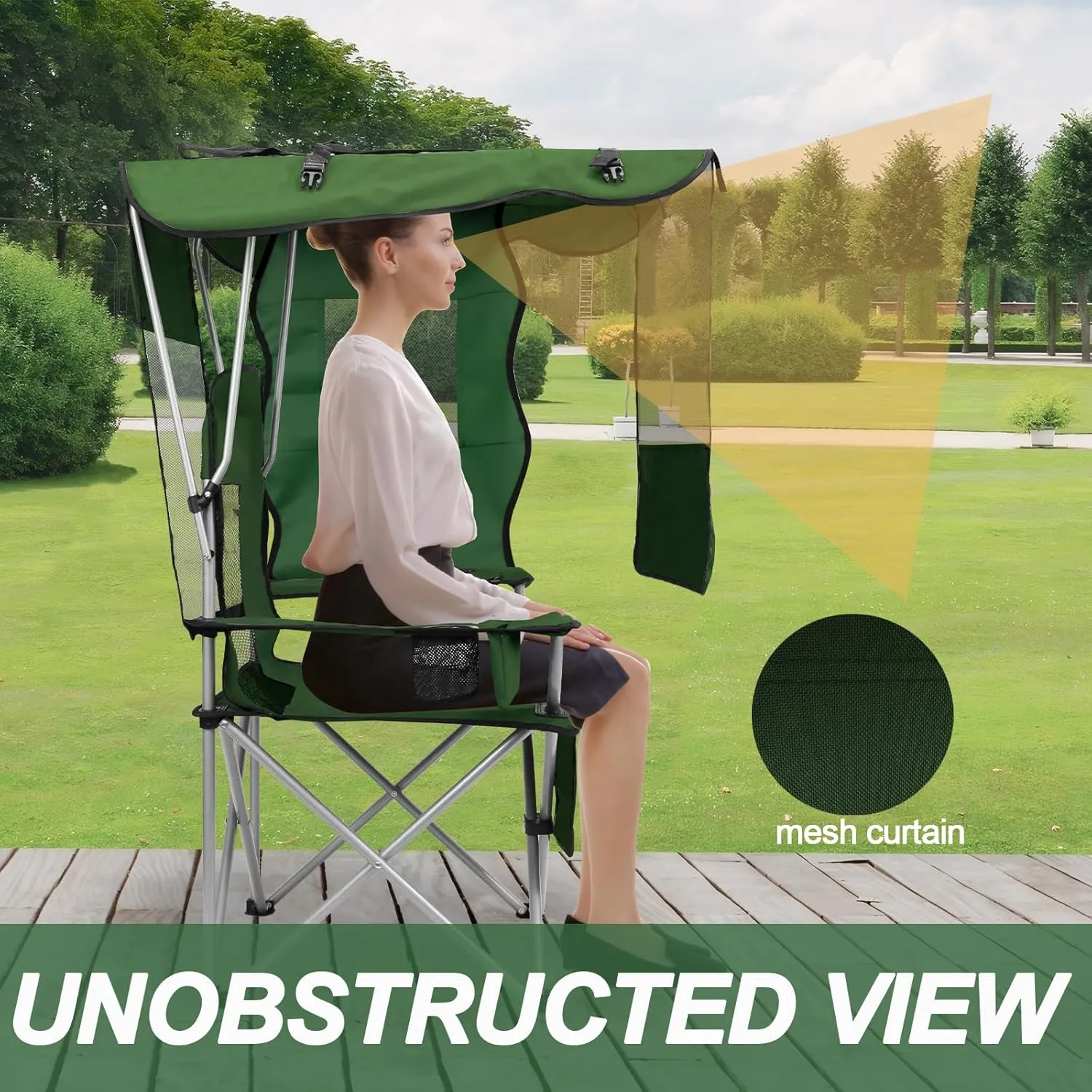 ptlsy Camping Chair with Adjustable Shade Canopy, Portable Folding Chair for Adults, Heavy Duty Outdoor Sports, Beach, Camping, Fishing - Phone & Cup Holder, Cooler Bag, Supports 330LBS