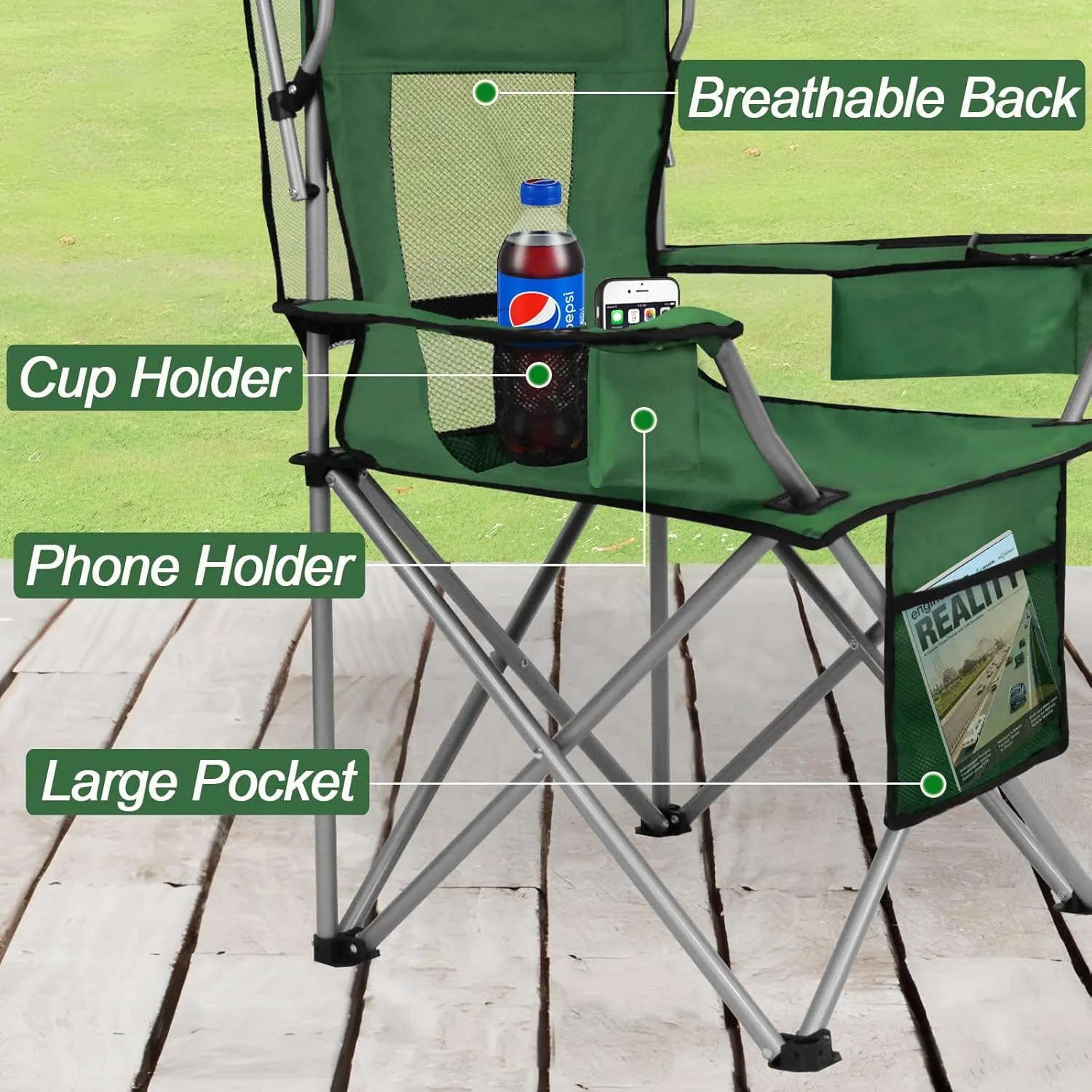 ptlsy Camping Chair with Adjustable Shade Canopy, Portable Folding Chair for Adults, Heavy Duty Outdoor Sports, Beach, Camping, Fishing - Phone & Cup Holder, Cooler Bag, Supports 330LBS