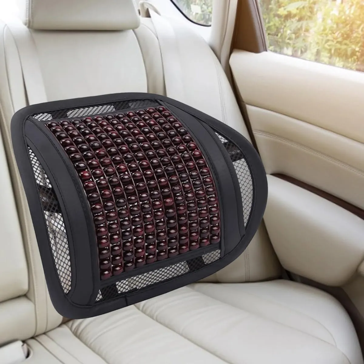 Queenbox 16x15.8in Wood Beads Car Lumbar Support, Breathable Mesh Back Support Seat Cushion for Office Chair, Black