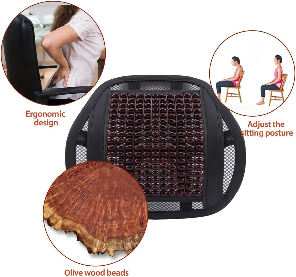 Queenbox 16x15.8in Wood Beads Car Lumbar Support, Breathable Mesh Back Support Seat Cushion for Office Chair, Black