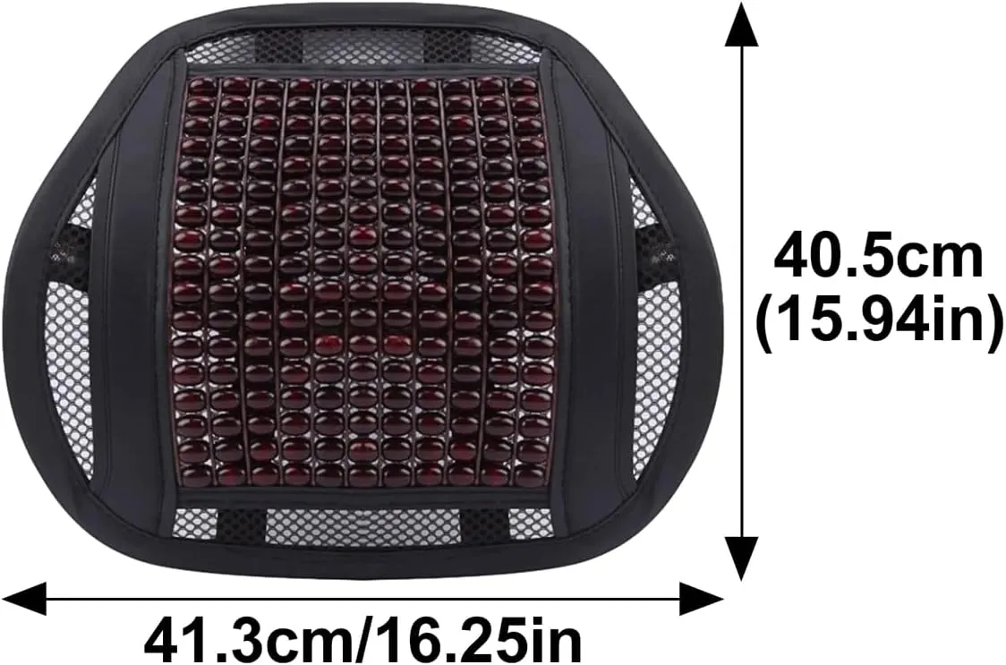 Queenbox 16x15.8in Wood Beads Car Lumbar Support, Breathable Mesh Back Support Seat Cushion for Office Chair, Black