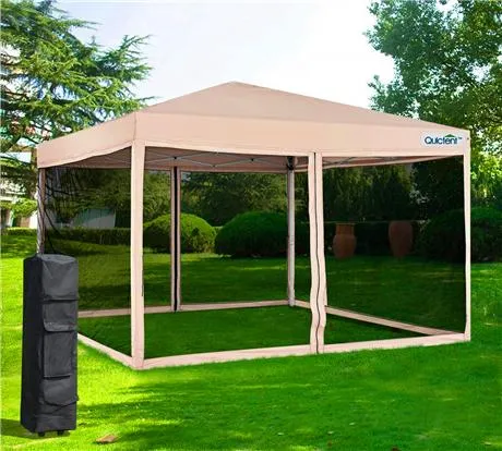 Quictent 10' x 10' Pop Up Canopy with Mesh Netting-Tan