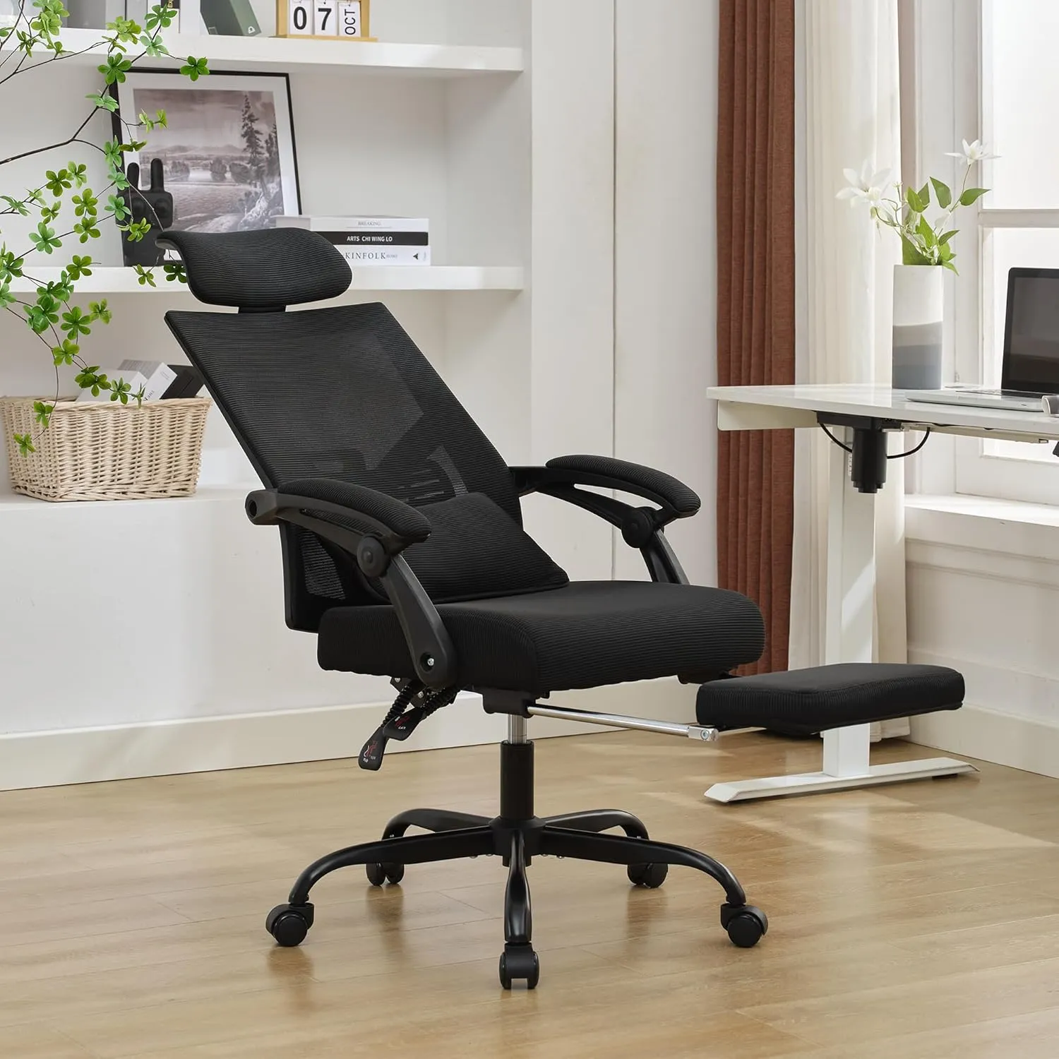Qulomvs Ergonomic Office Chair with Footrest Home Office Desk Chair with Headrest and Backrest 90-135 Adjustable Mesh Computer Desk Chair with Wheels 360 Swivel Task Chair