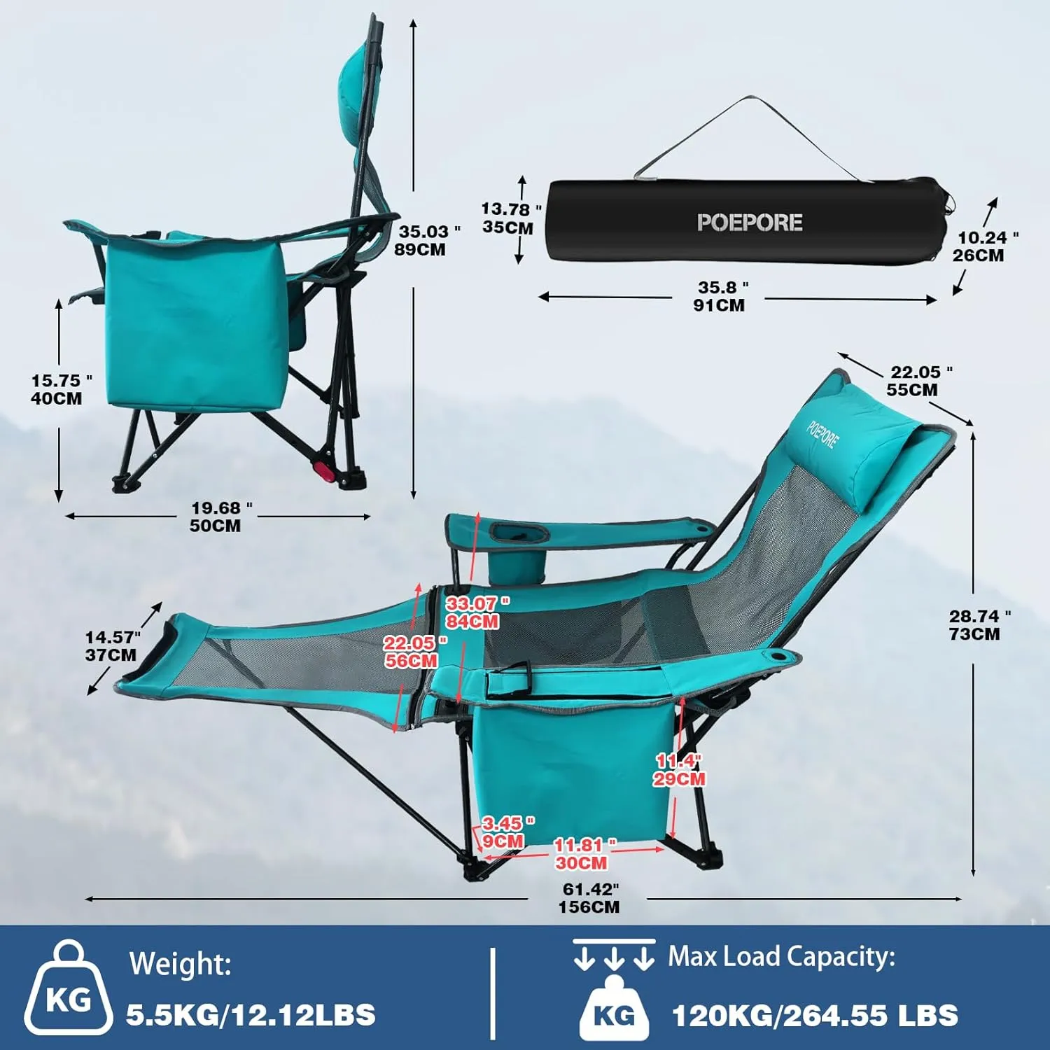 Reclining Camping Chair 4 Position with Foot Rest Comfortable for Adults 265Ibs Folding Lounger Mesh Beach Chair with Cooler Bag,Cotton Cushion and Cup Holder for Outdoor Patio