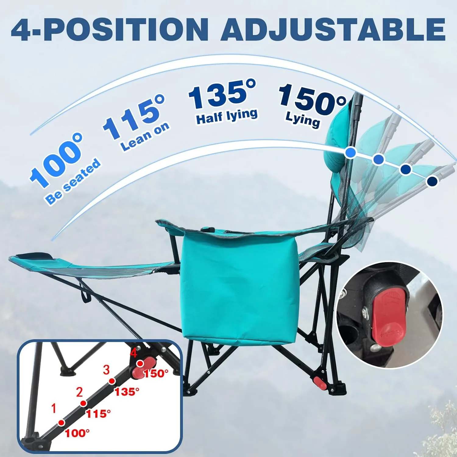 Reclining Camping Chair 4 Position with Foot Rest Comfortable for Adults 265Ibs Folding Lounger Mesh Beach Chair with Cooler Bag,Cotton Cushion and Cup Holder for Outdoor Patio