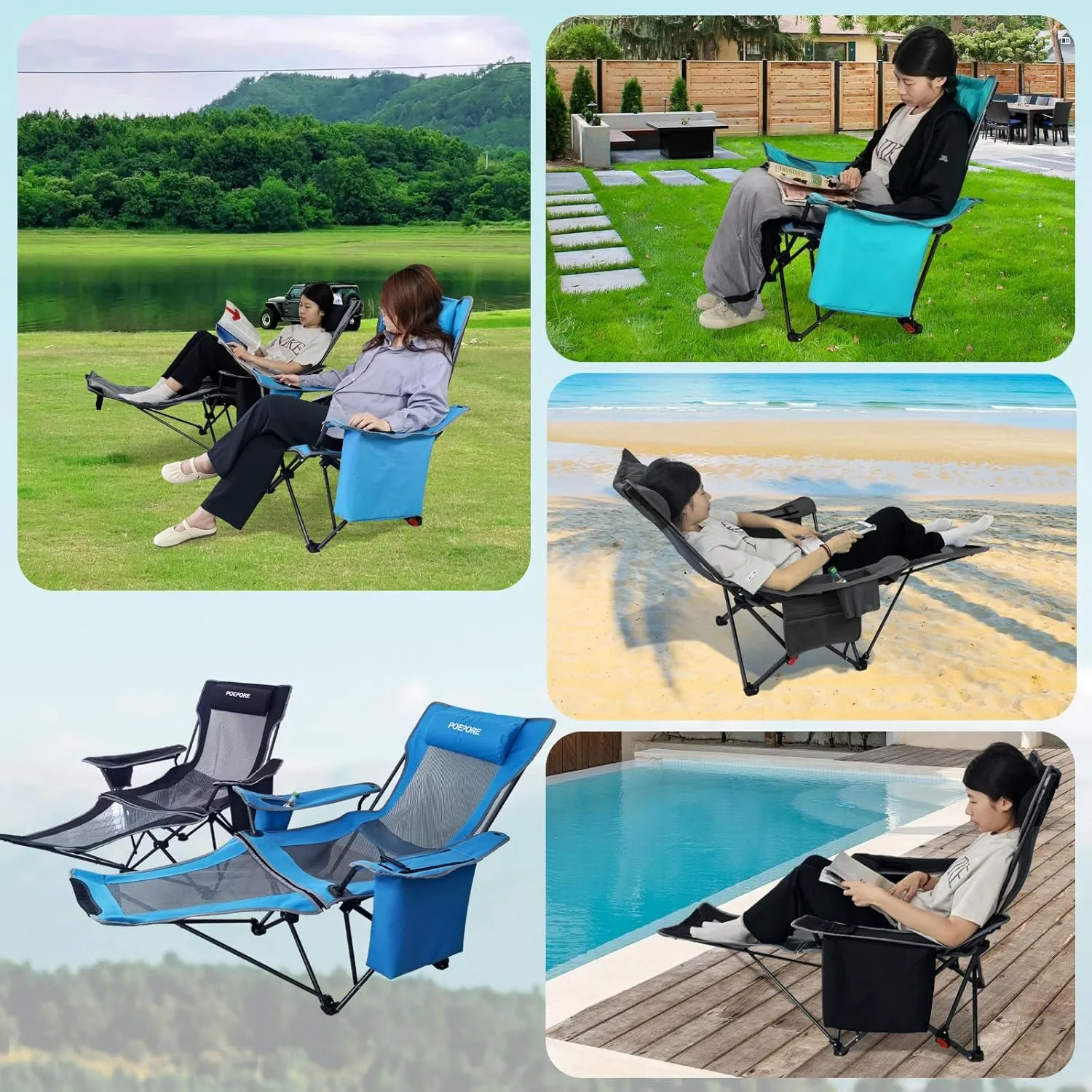 Reclining Camping Chair 4 Position with Foot Rest Comfortable for Adults 265Ibs Folding Lounger Mesh Beach Chair with Cooler Bag,Cotton Cushion and Cup Holder for Outdoor Patio