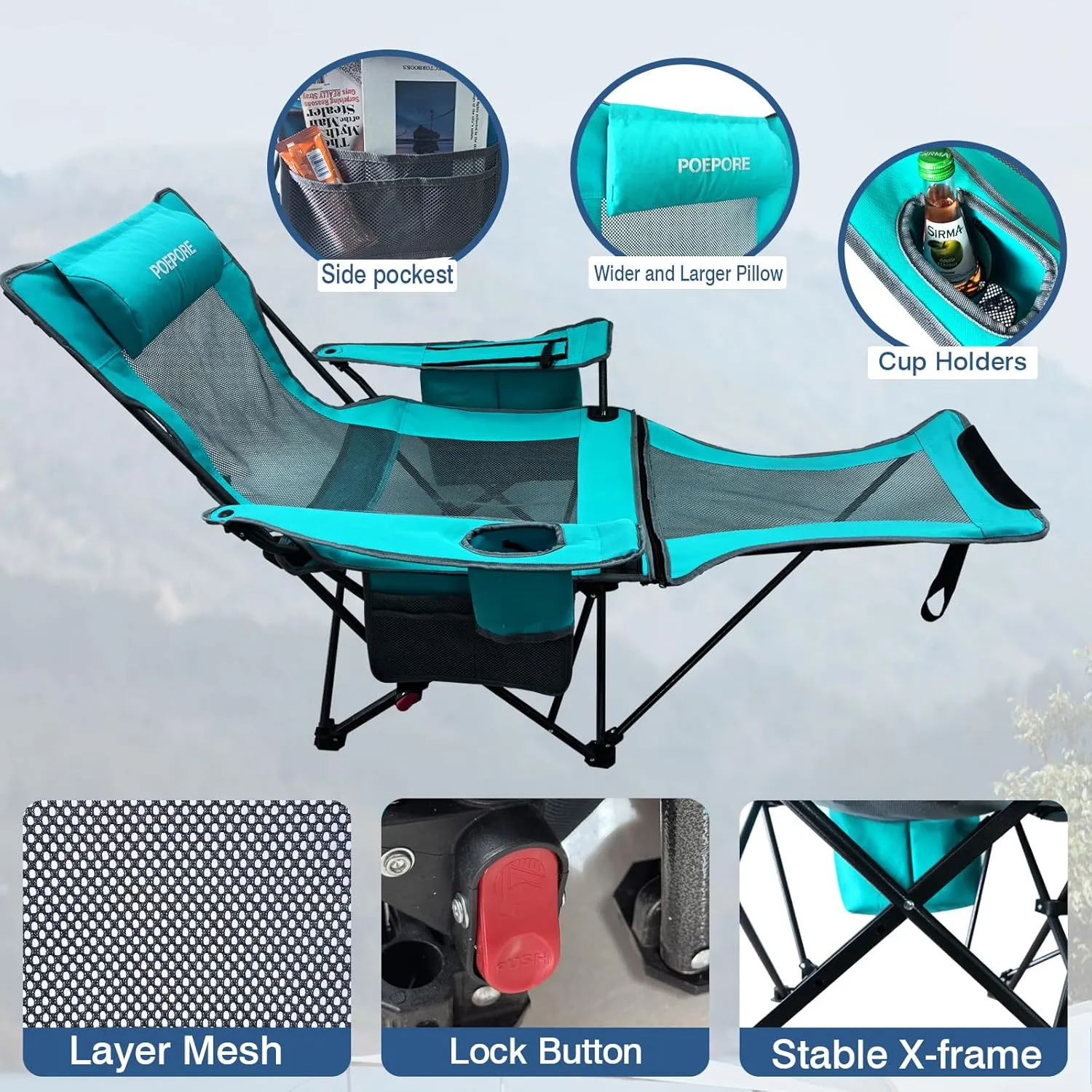 Reclining Camping Chair 4 Position with Foot Rest Comfortable for Adults 265Ibs Folding Lounger Mesh Beach Chair with Cooler Bag,Cotton Cushion and Cup Holder for Outdoor Patio