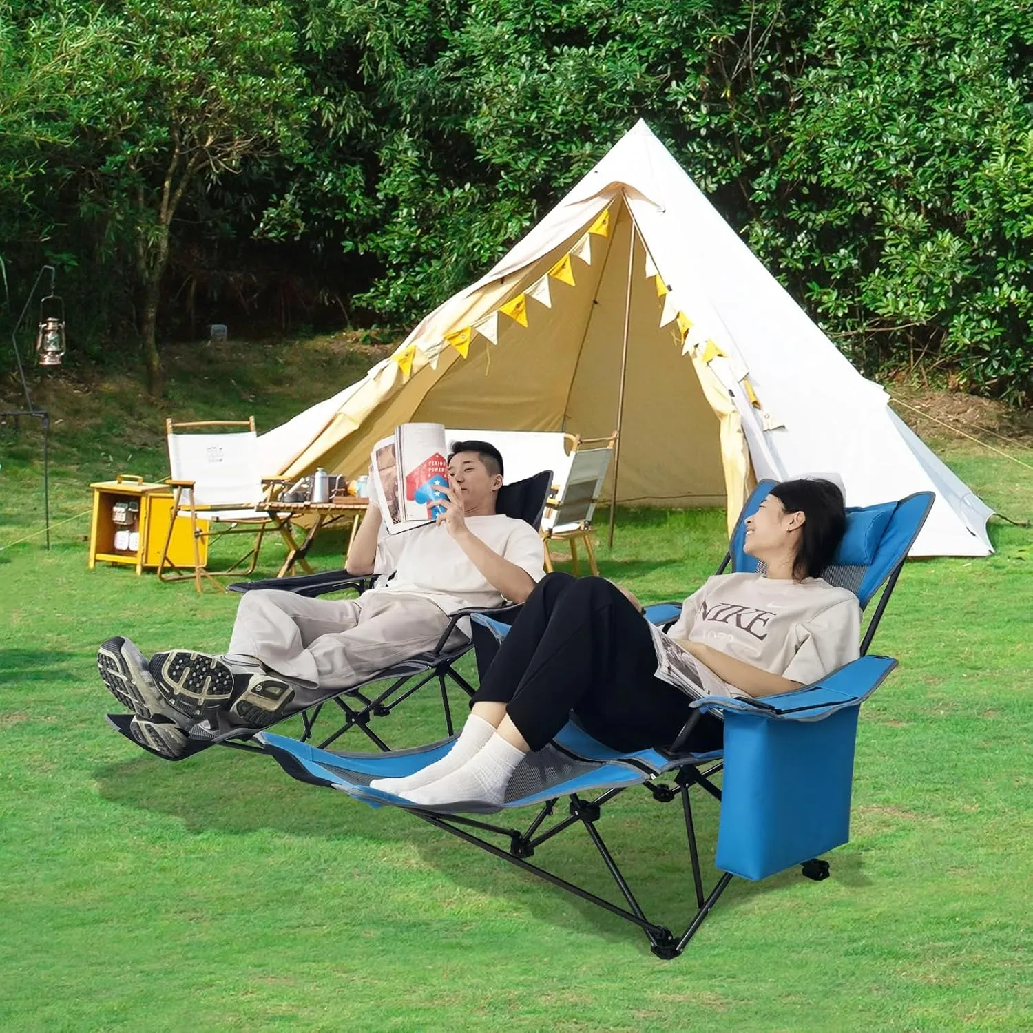 Reclining Camping Chair 4 Position with Foot Rest Comfortable for Adults 265Ibs Folding Lounger Mesh Beach Chair with Cooler Bag,Cotton Cushion and Cup Holder for Outdoor Patio