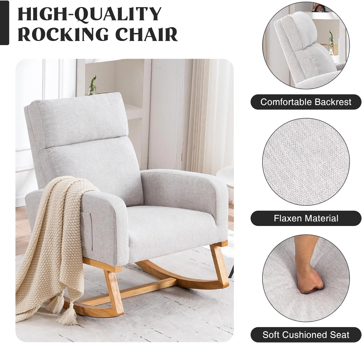Rocking Chair Nursery, Nursing Rocker Armchair with High Backrest, Comfy Rocking Chair for Nursery, Bedroom (Light Grey)