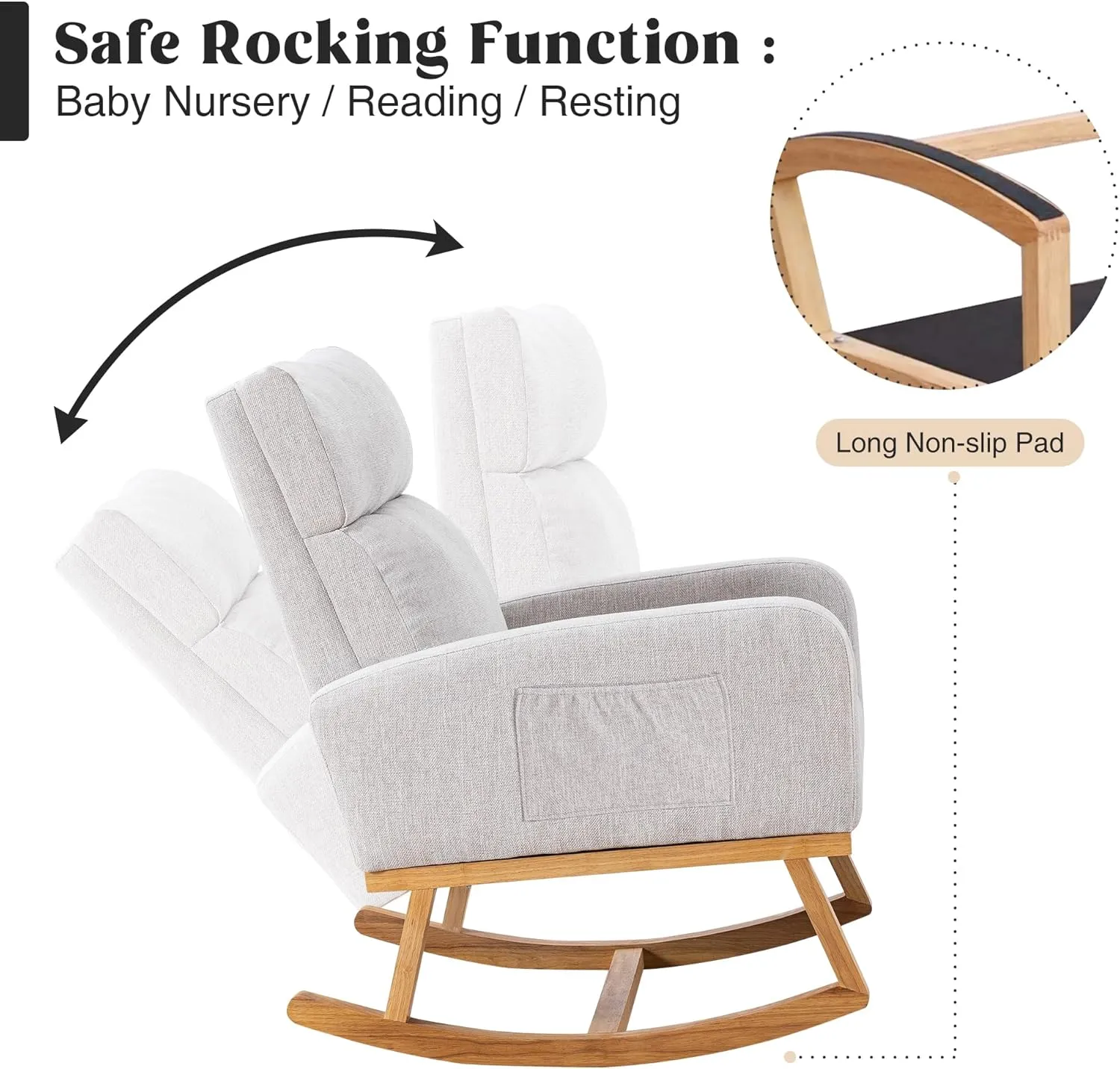 Rocking Chair Nursery, Nursing Rocker Armchair with High Backrest, Comfy Rocking Chair for Nursery, Bedroom (Light Grey)