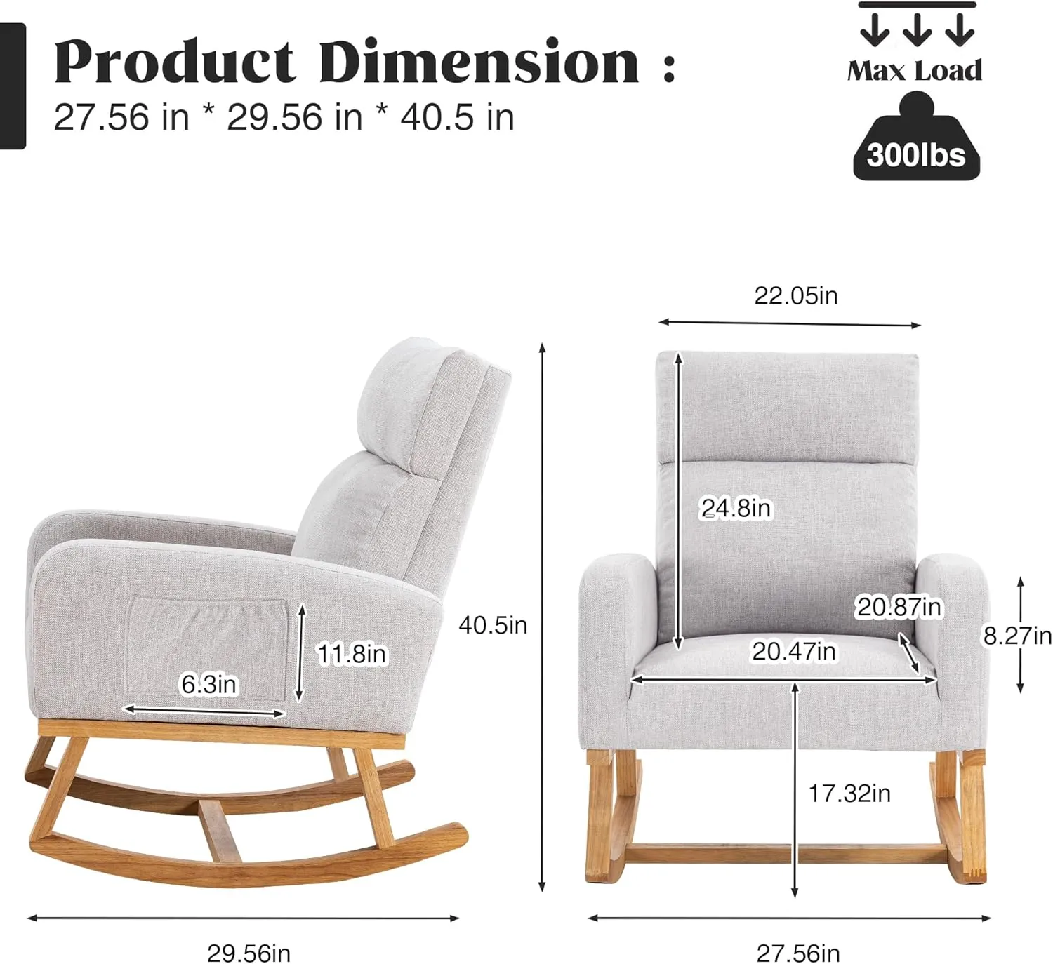Rocking Chair Nursery, Nursing Rocker Armchair with High Backrest, Comfy Rocking Chair for Nursery, Bedroom (Light Grey)