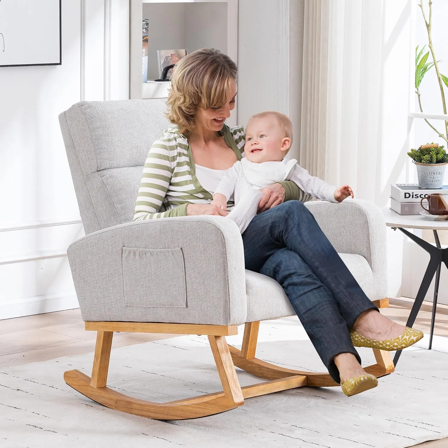 Rocking Chair Nursery, Nursing Rocker Armchair with High Backrest, Comfy Rocking Chair for Nursery, Bedroom (Light Grey)