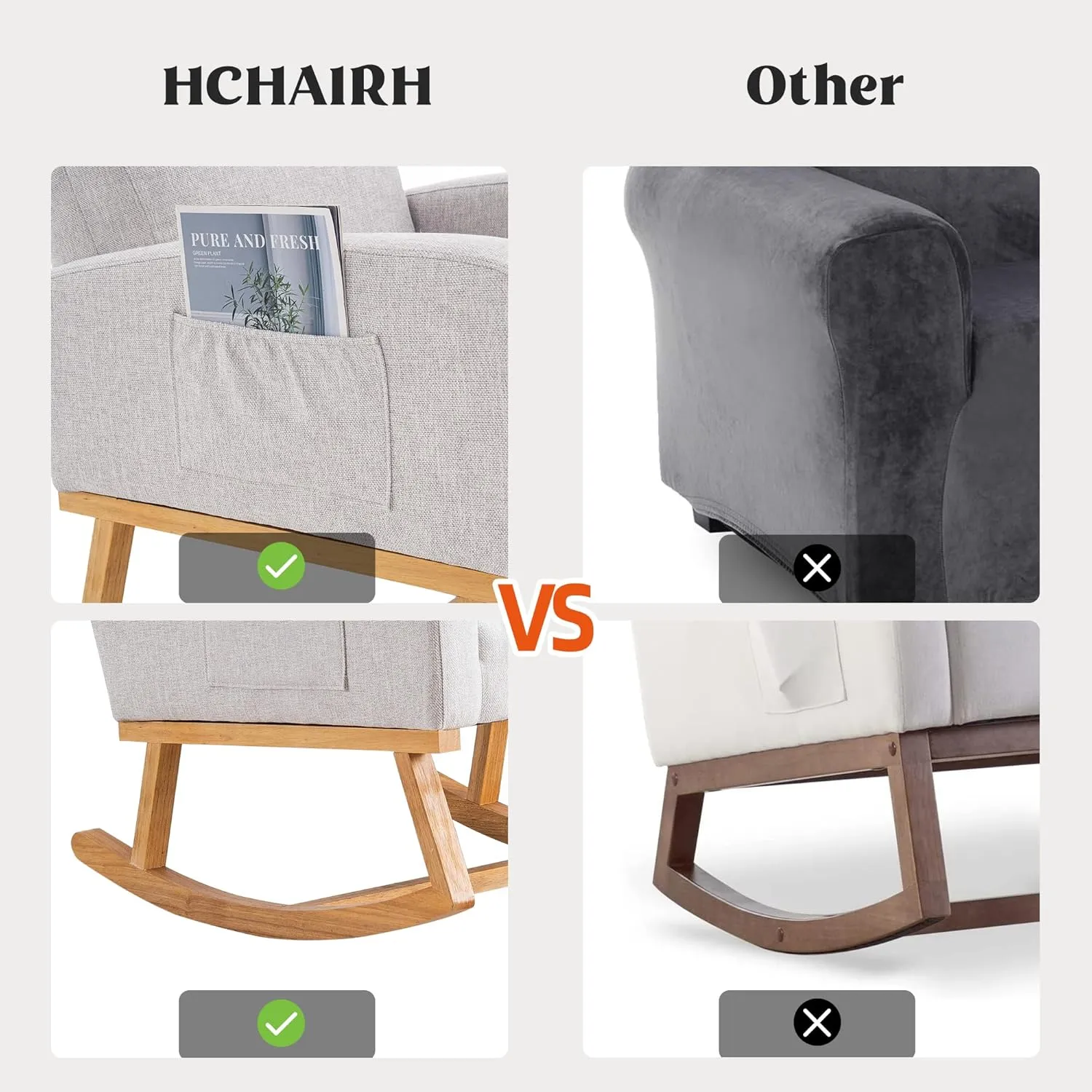 Rocking Chair Nursery, Nursing Rocker Armchair with High Backrest, Comfy Rocking Chair for Nursery, Bedroom (Light Grey)
