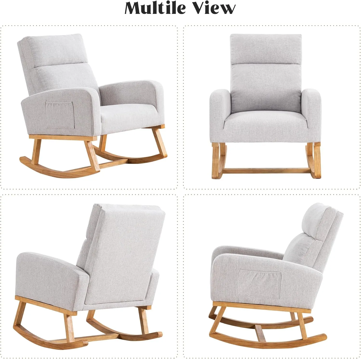 Rocking Chair Nursery, Nursing Rocker Armchair with High Backrest, Comfy Rocking Chair for Nursery, Bedroom (Light Grey)