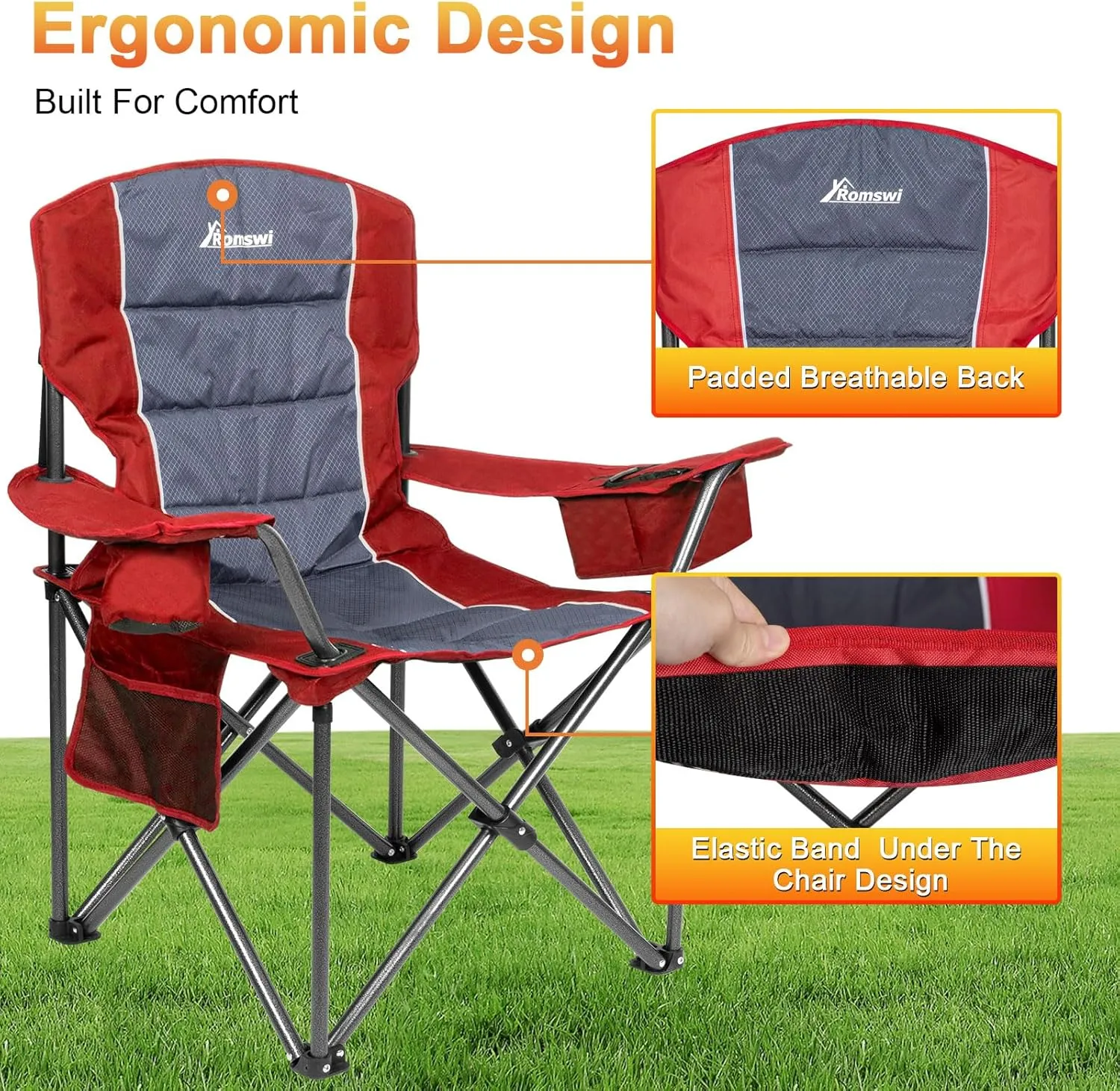 Romswi Oversized Camping Chairs,Heavy Duty Support 500 LBS,Padded Back & Arm Sport Chairs, Cup Holder Cooler Bag, Collapsible Folding Chairs for Outdoor, Fishing & Garden