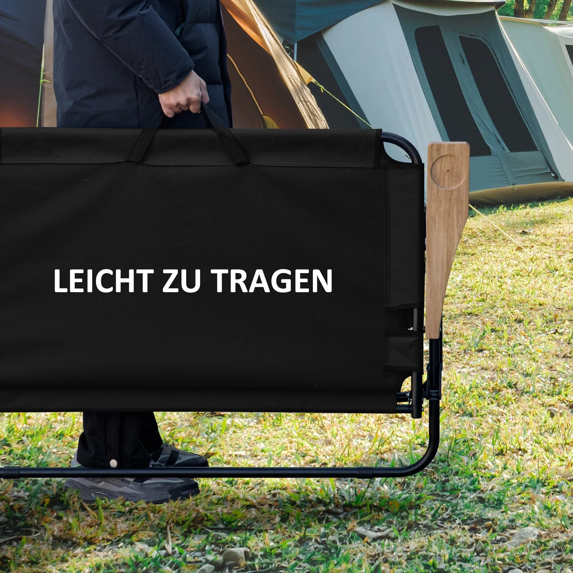 Rootz 2-Seater Foldable Camping Chair - Portable Deck Chair - Outdoor Camp Seat - Built-In Cup Holder - 141 x 67 x 80 cm - Black