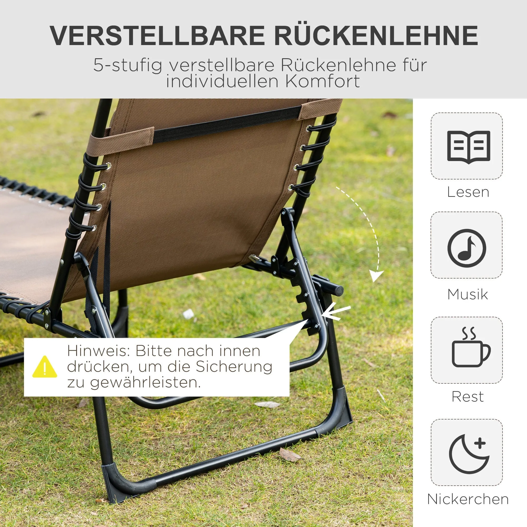 Rootz Lying Chair - Foldable Lounger - Reclining Chair - Neck Pillow Support - Steel Frame - 185cm x 58cm x 30cm