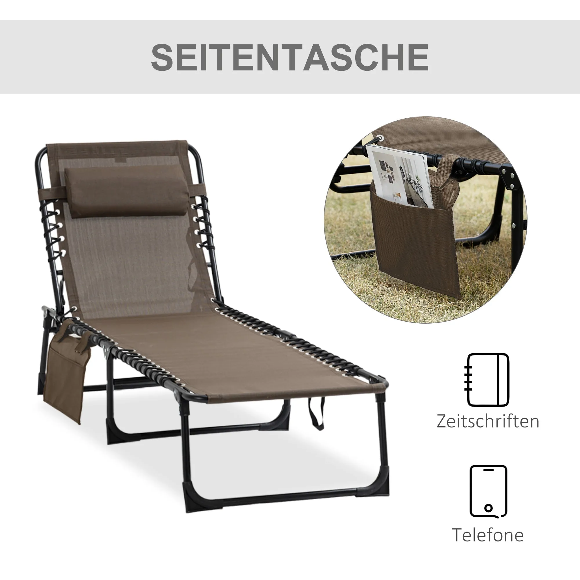 Rootz Lying Chair - Foldable Lounger - Reclining Chair - Neck Pillow Support - Steel Frame - 185cm x 58cm x 30cm
